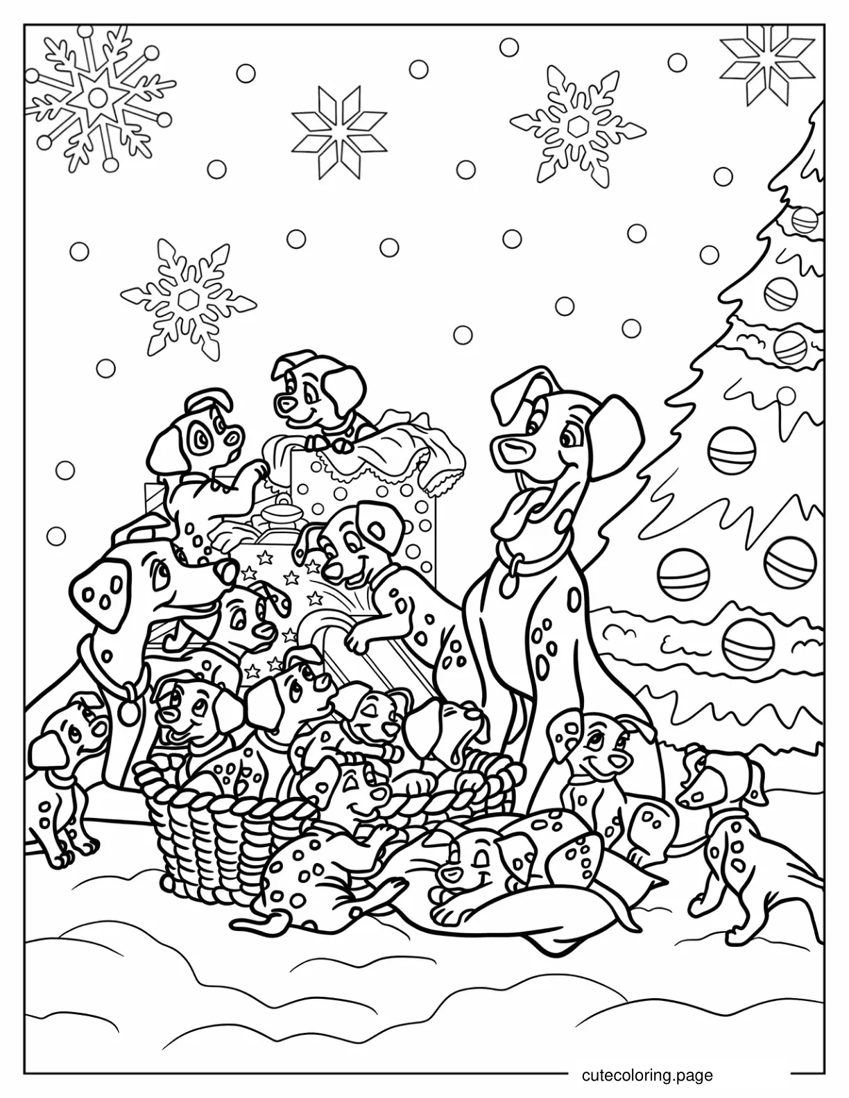 101 Dalmatians In Front Of Christmas Tree Coloring Page coloring page