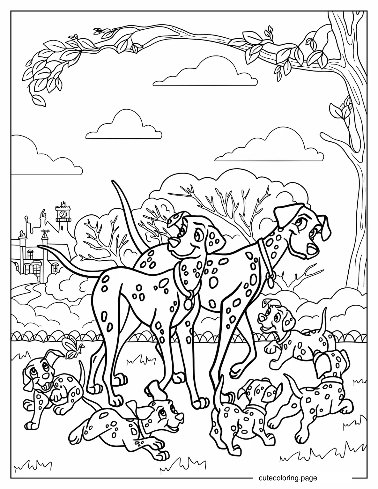 Coloring Sheet Of Pongo Perdita And Puppies In The Park coloring page