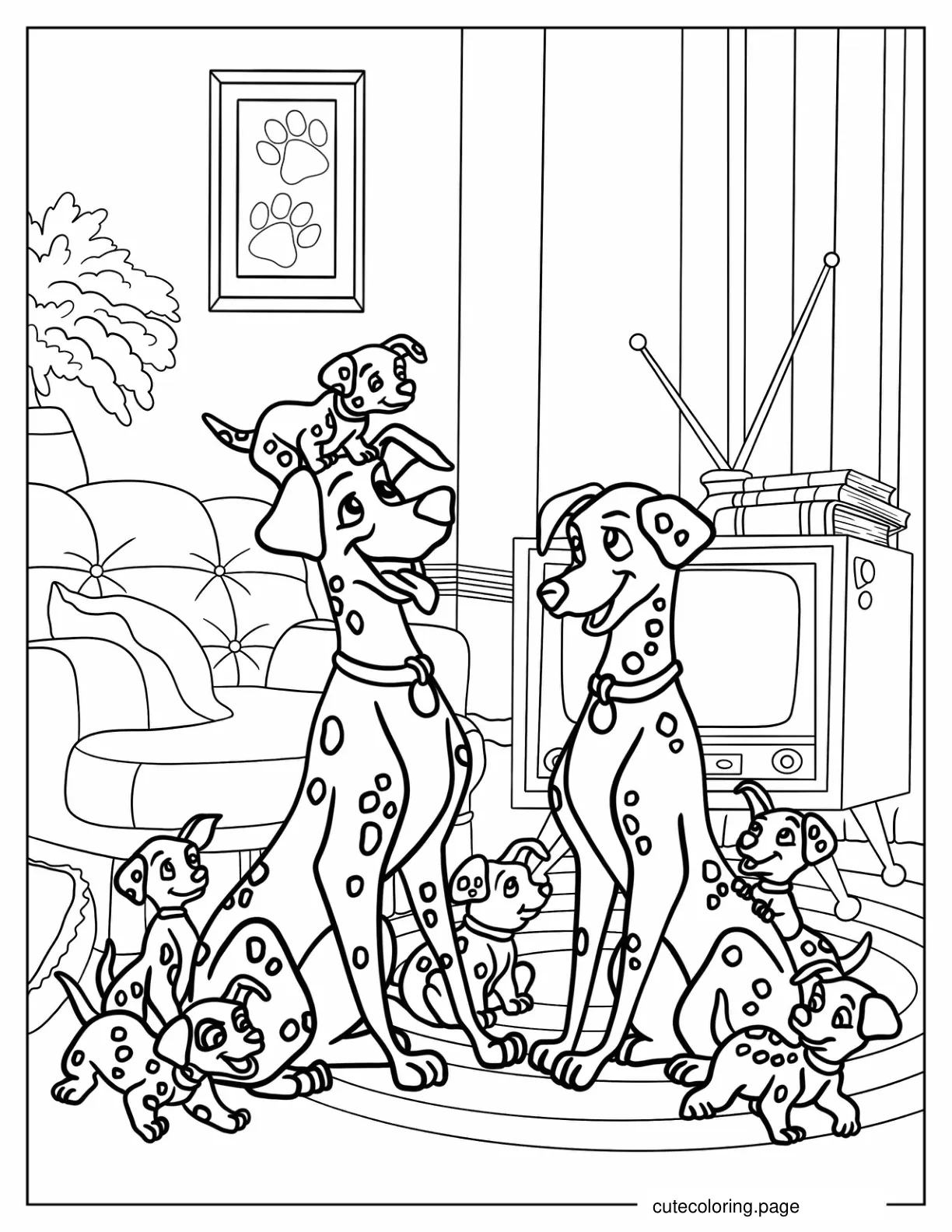 Easy Pongo And Perdita With Puppies Coloring In For Kids coloring page