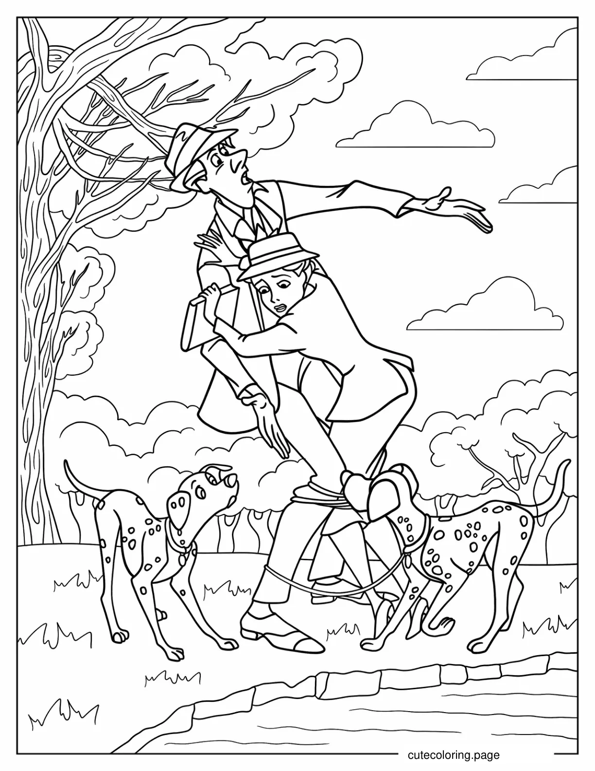 Roger And Anita Caught In Pongo And Perdita_s Leashes coloring page