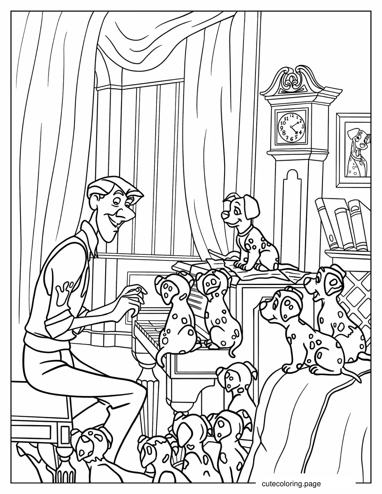 Roger Playing Piano With Dalmatian Puppies coloring page