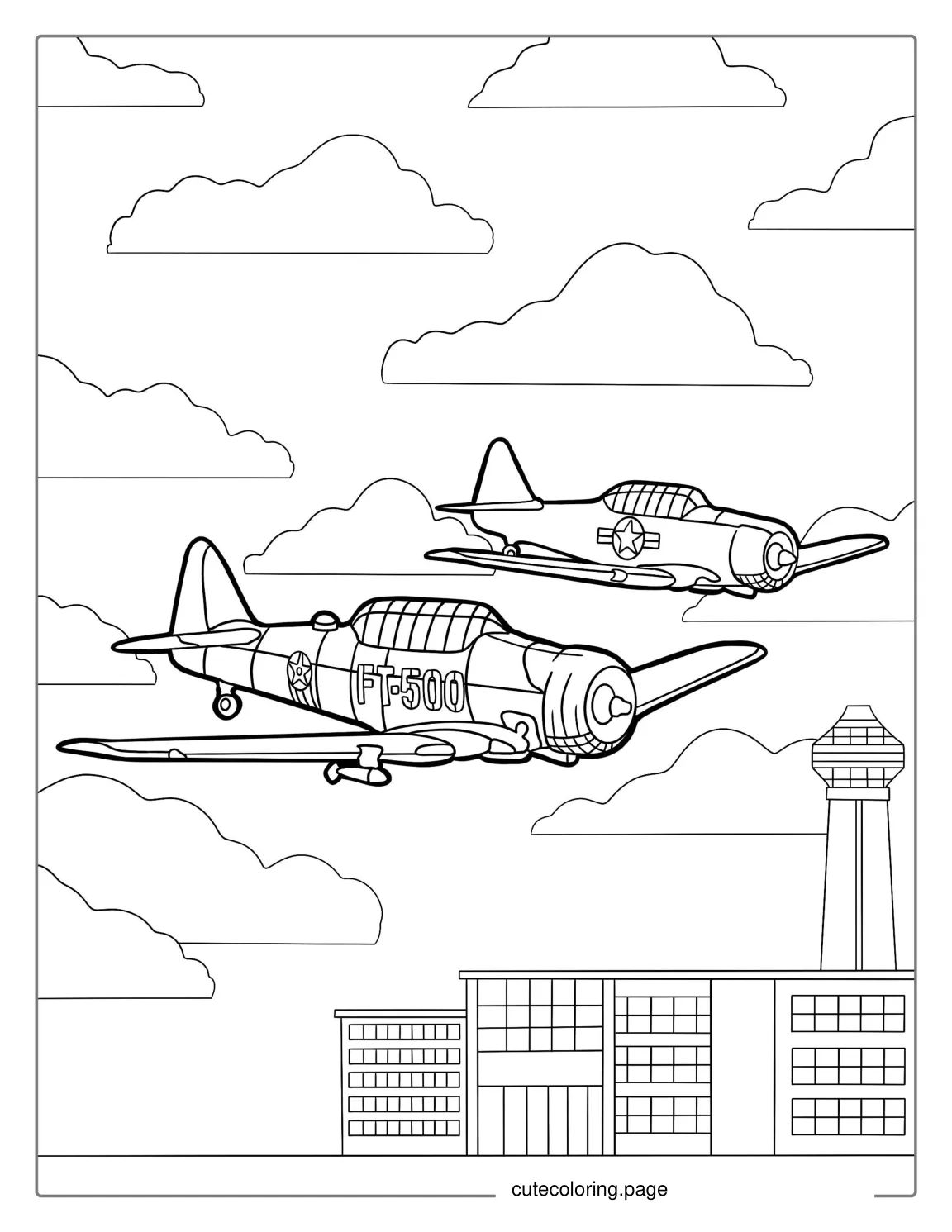 Warbird Planes Flying In Tandem To Color coloring page