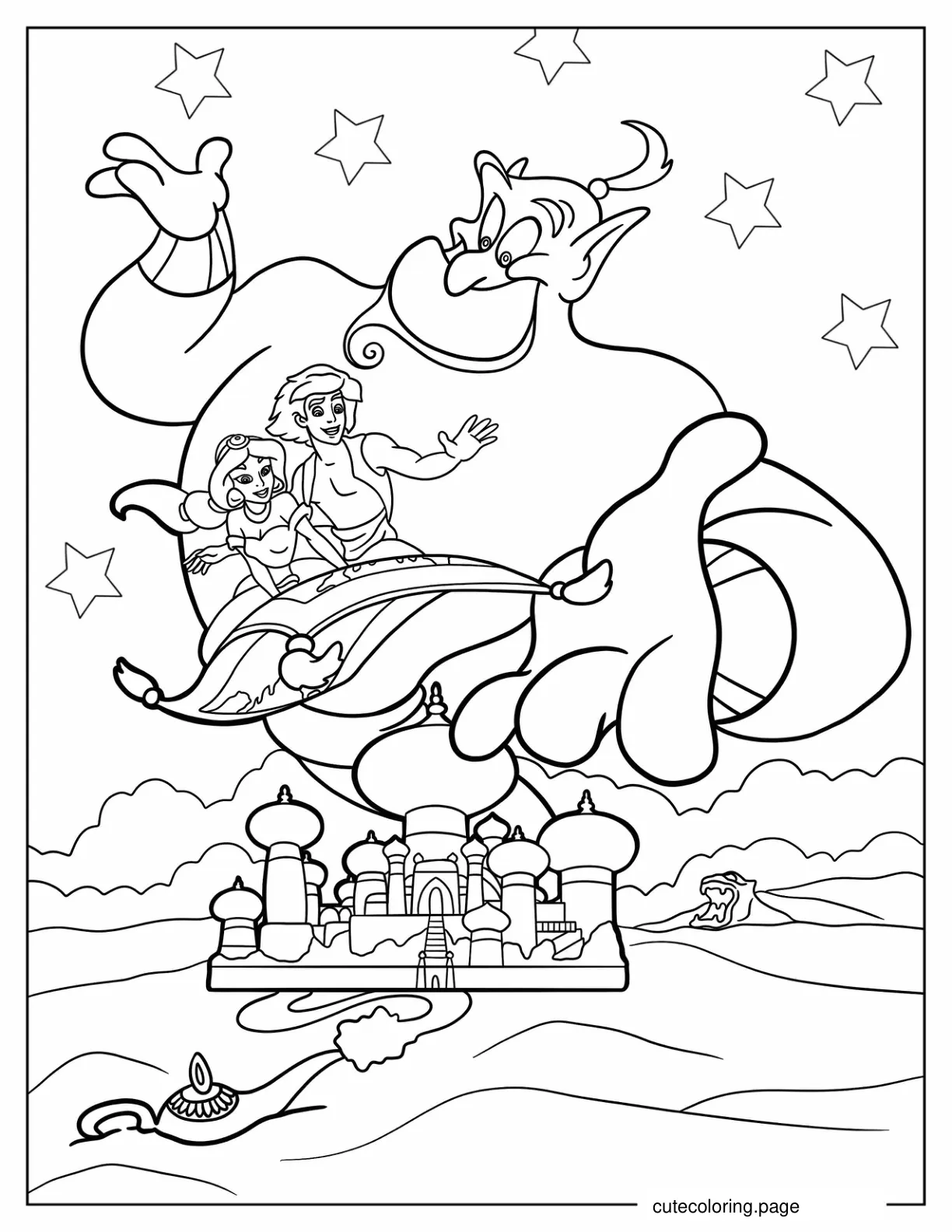 Jasmine And Aladdin Flying On Magic Carpet With Genie coloring page