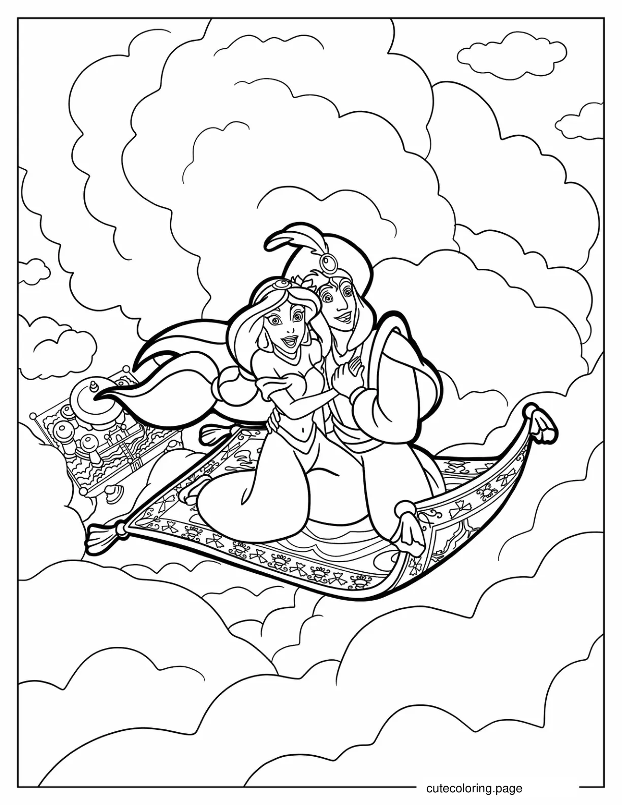 Jasmine And Aladdin Flying Through The Clouds coloring page