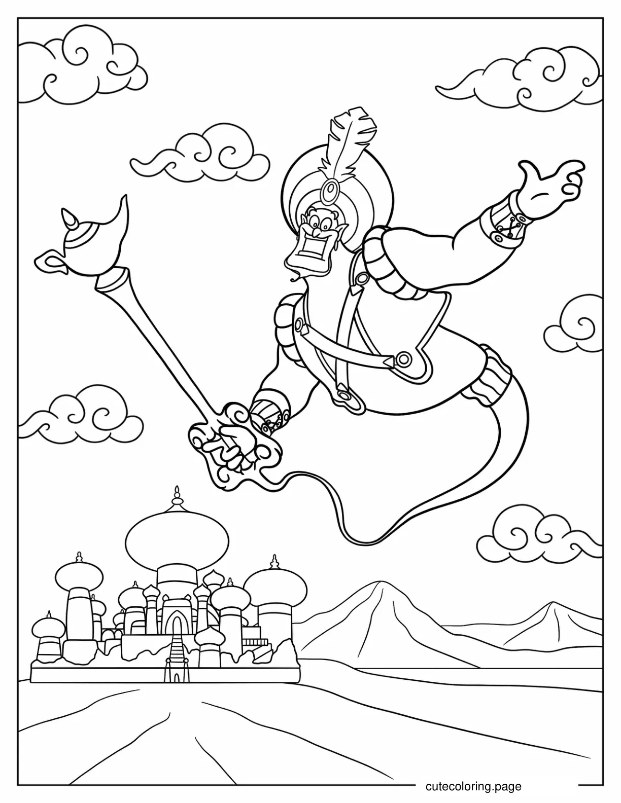 Magical Genie With Palace To Color coloring page