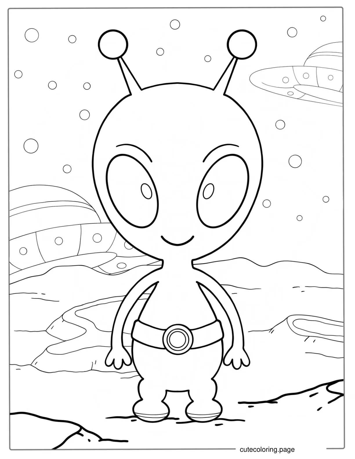 Easy Outline Of Alien Standing On Planet With UFOs coloring page