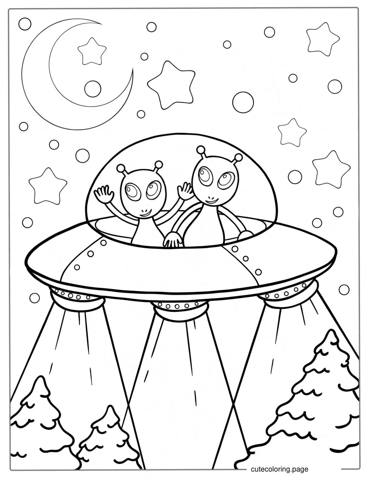 Easy Outline Of Two Aliens In UFO To Color coloring page