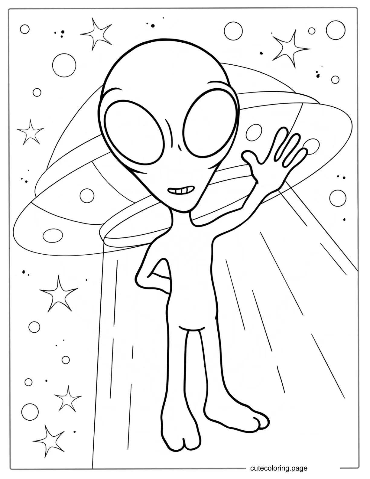 Simple Outline Of Grey Alien With UFO coloring page