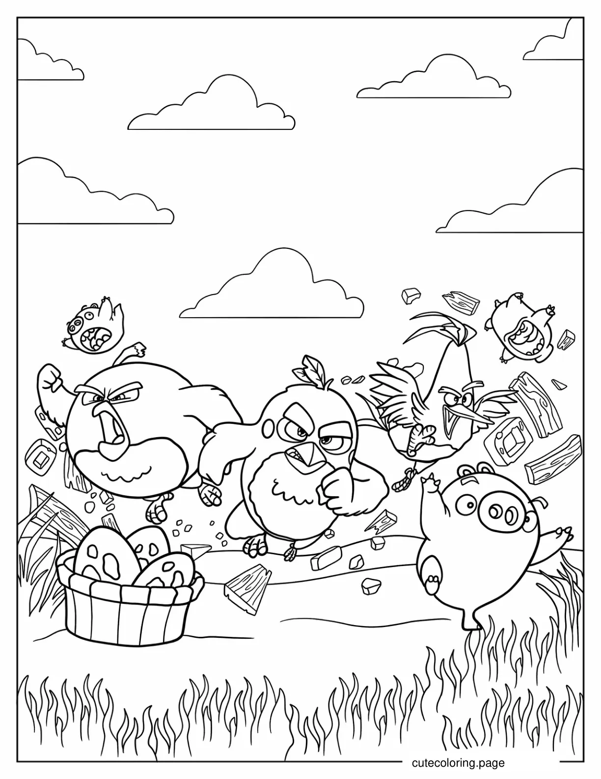 Angry Birds Charging Towards Pigs Coloring Page coloring page