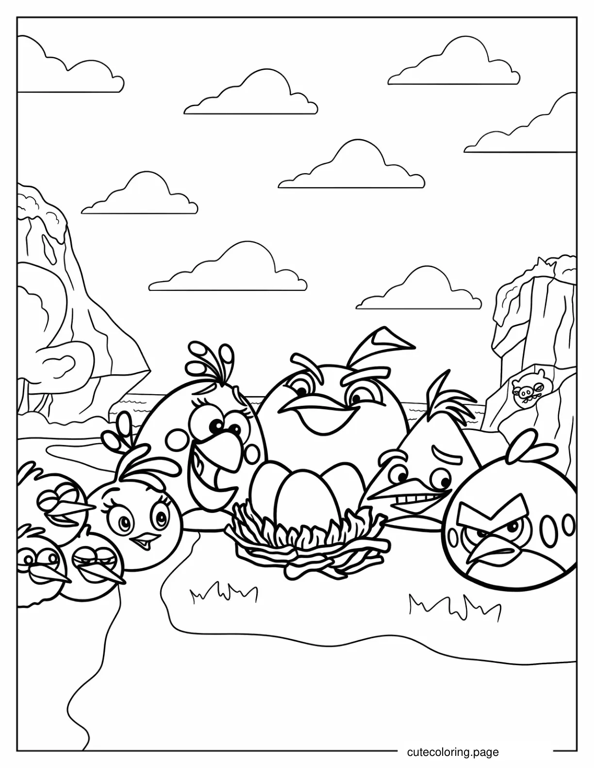 Coloring Page Of Angry Birds Around Eggs In Nest coloring page