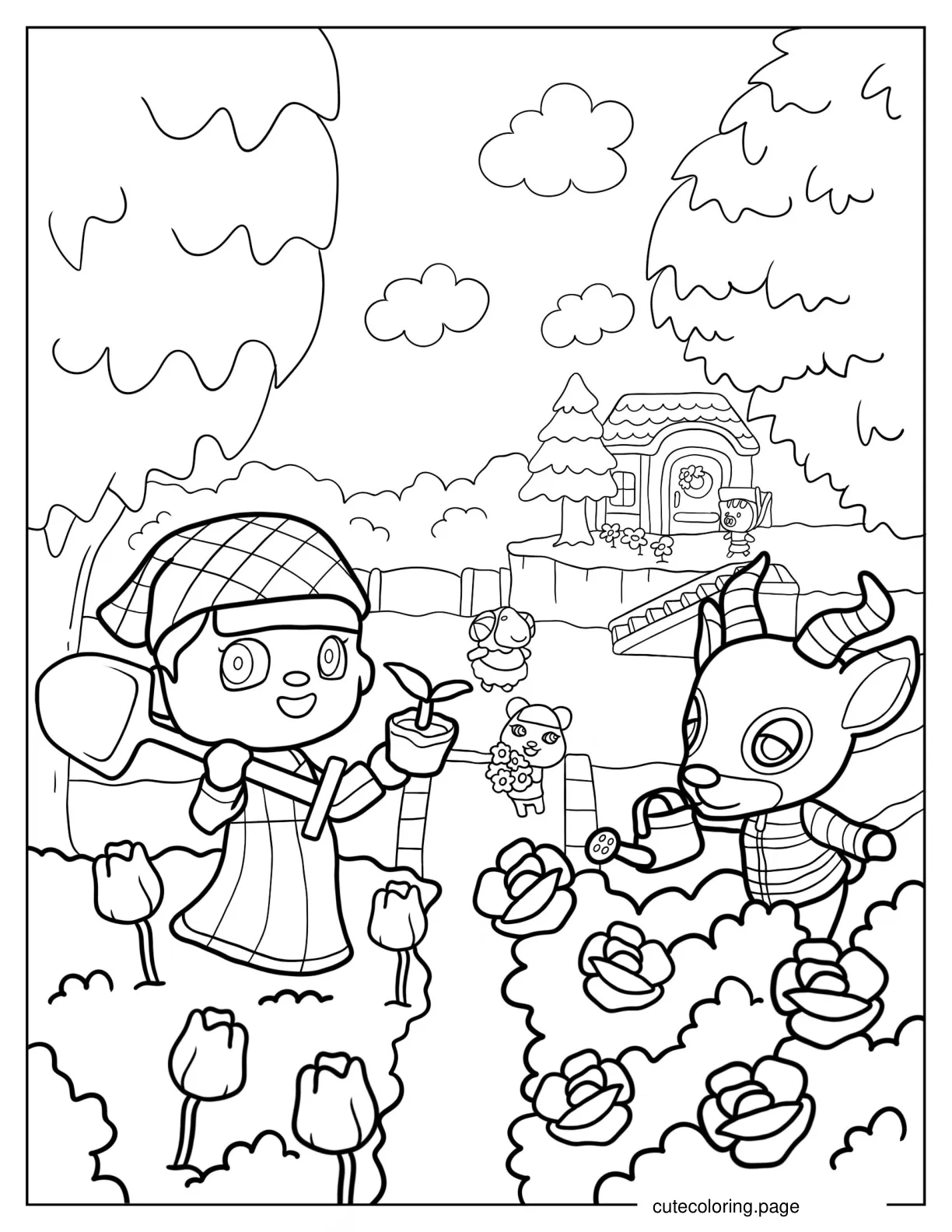 Animal Crossing Villager And Friends Gardening coloring page