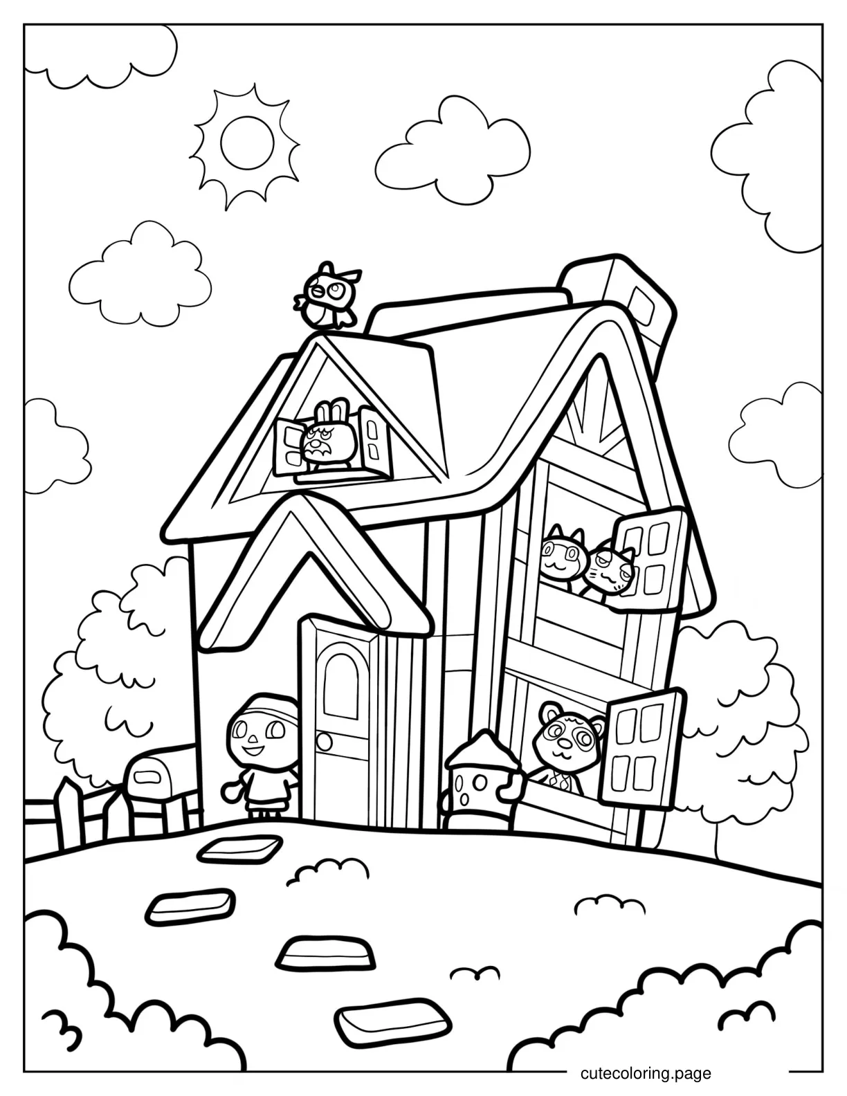 Big Animal Crossing House With Villager Tom And Friends Coloring Sheet coloring page