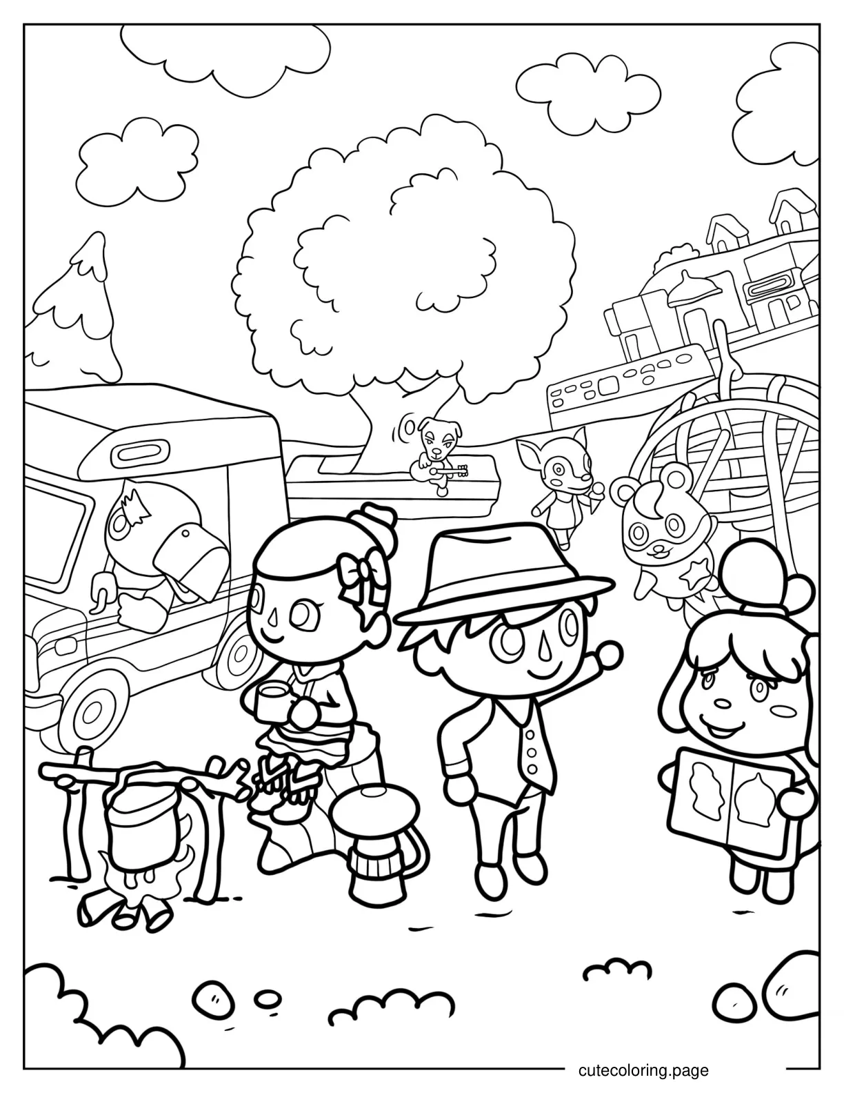 Detailed Animal Crossing Town With Villagers Coloring Page coloring page