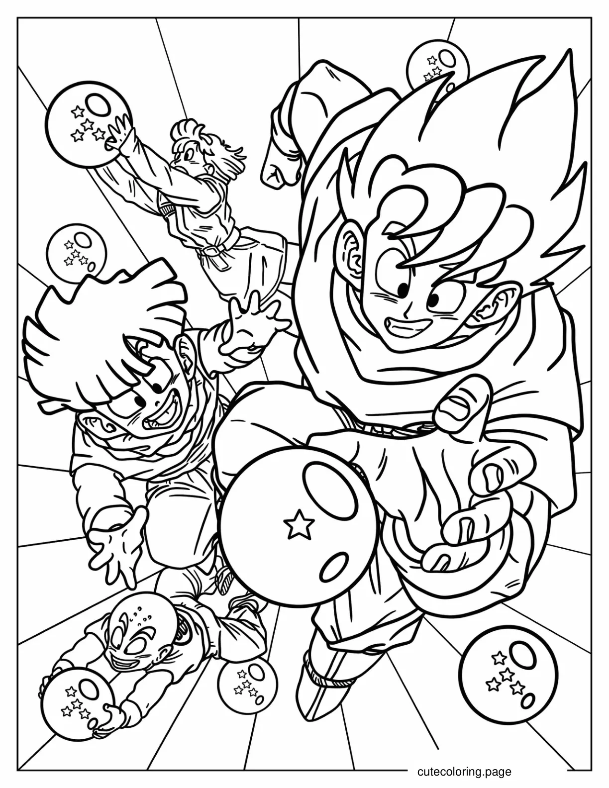 Goku Gohan Bulma And Krillin Chasing Dragon Balls coloring page