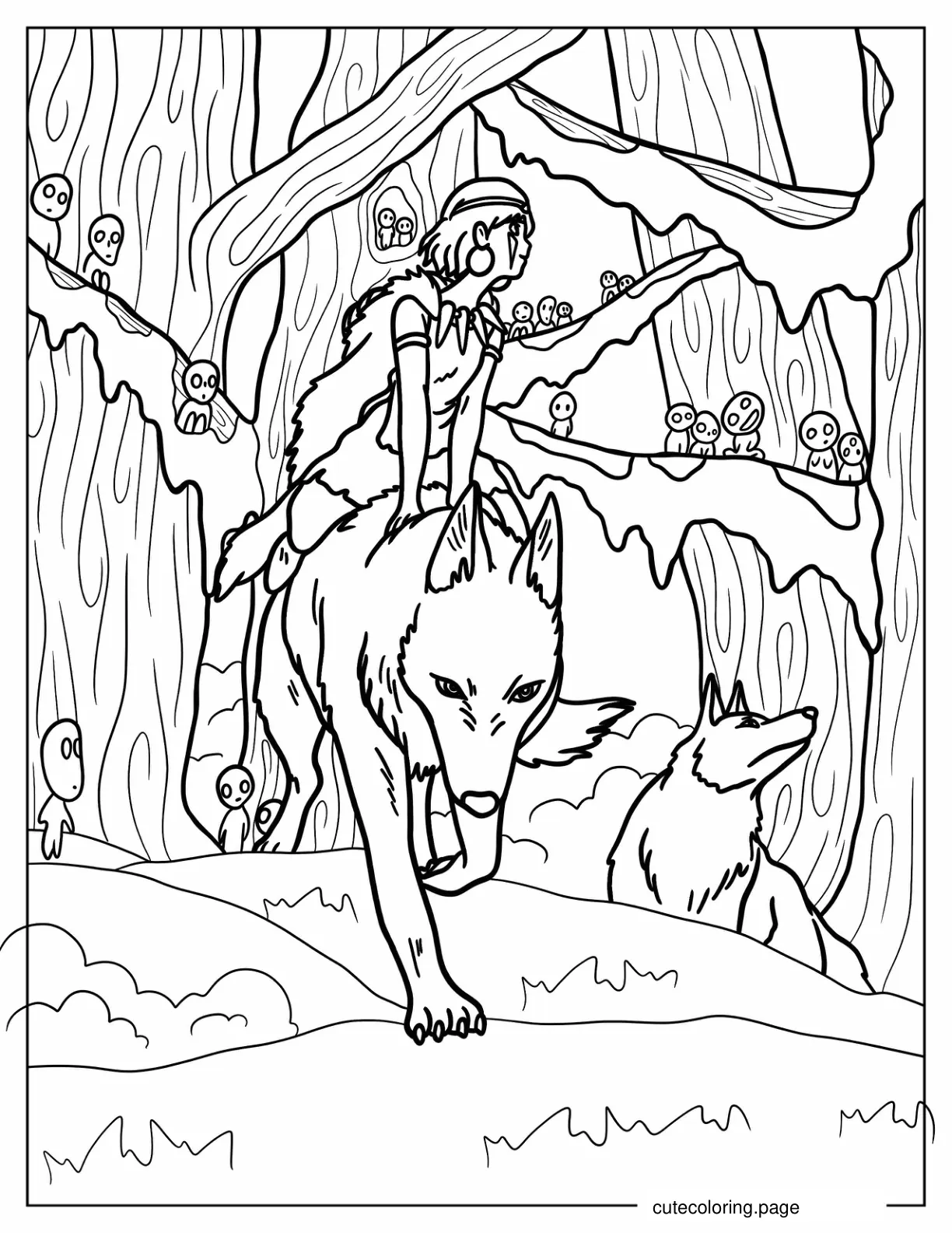 Princess Mononoke Riding Wolf In Cedar Forest coloring page