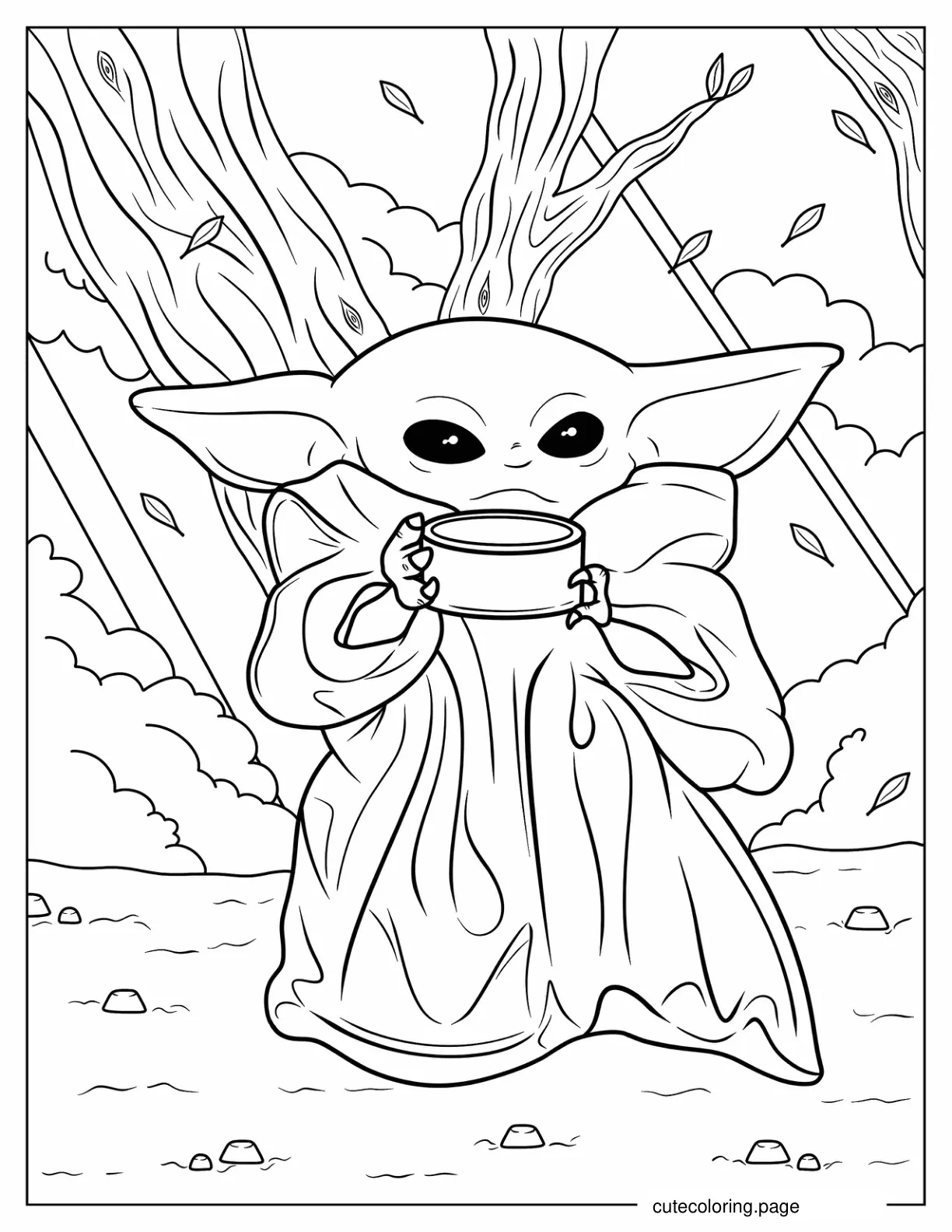 Baby Yoda Drinking Tea To Color coloring page