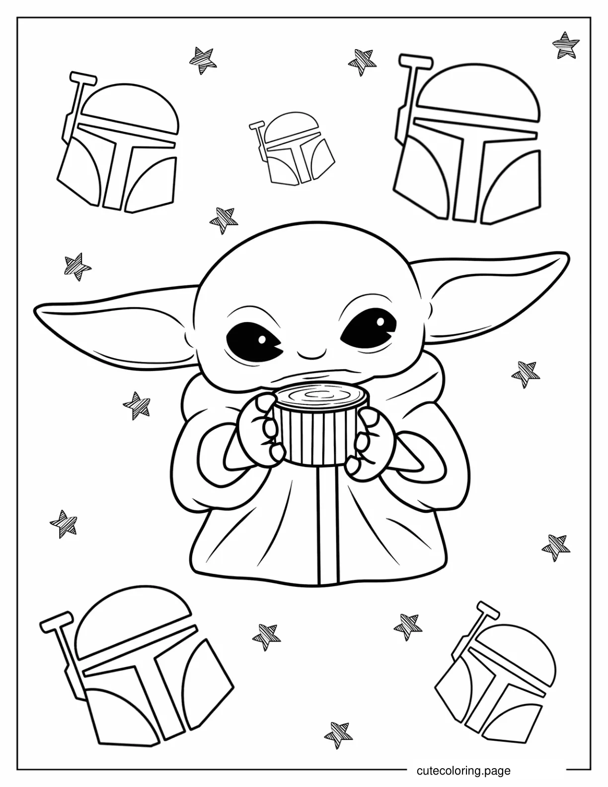 Cute Kawaii Baby Yoda Drinking Tea coloring page