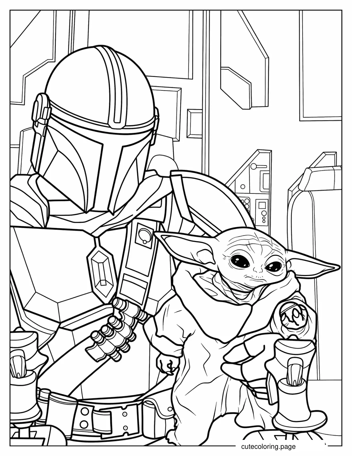 Detailed Coloring Sheet Of Din Djarin And Baby Yoda coloring page