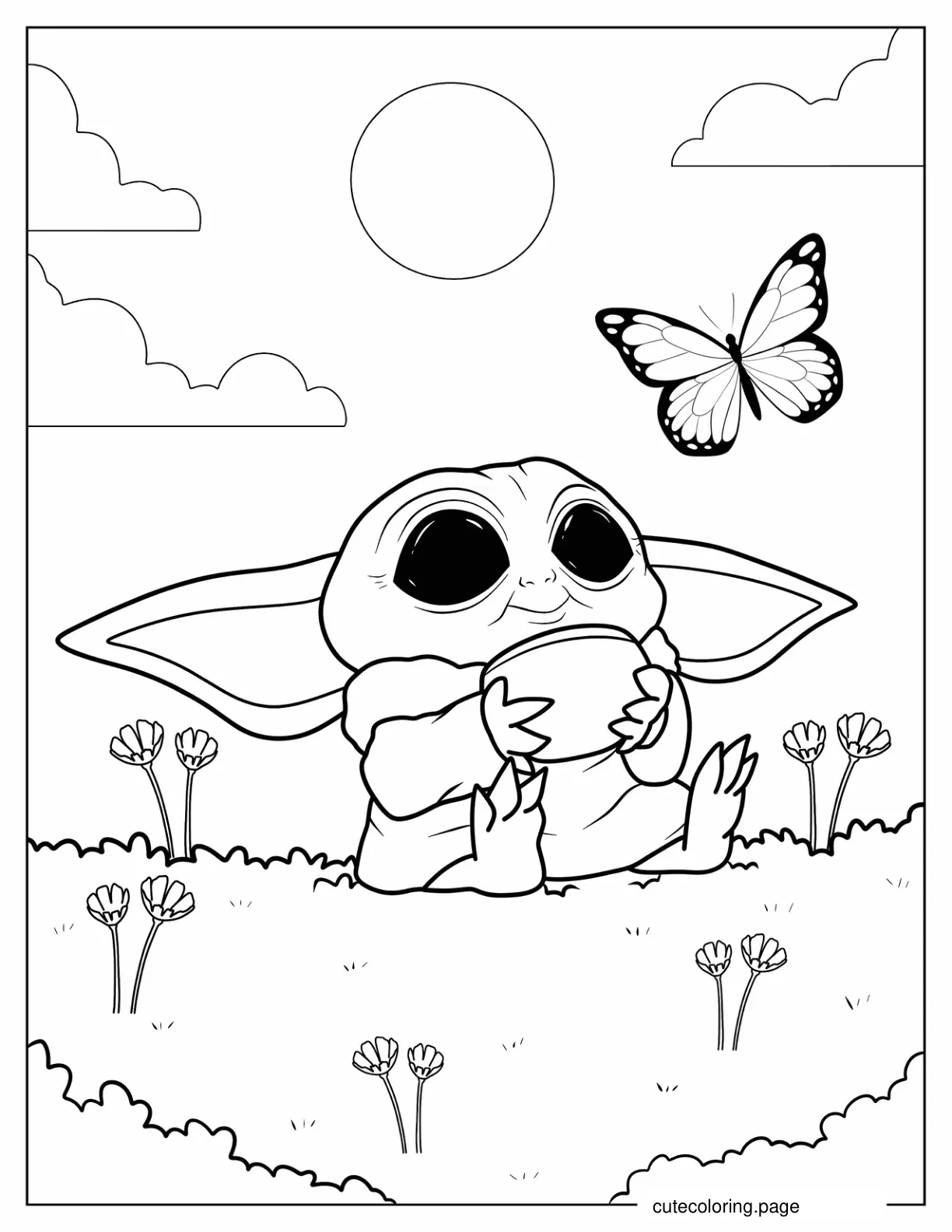 Loveable Baby Yoda Looking At Butterfly coloring page