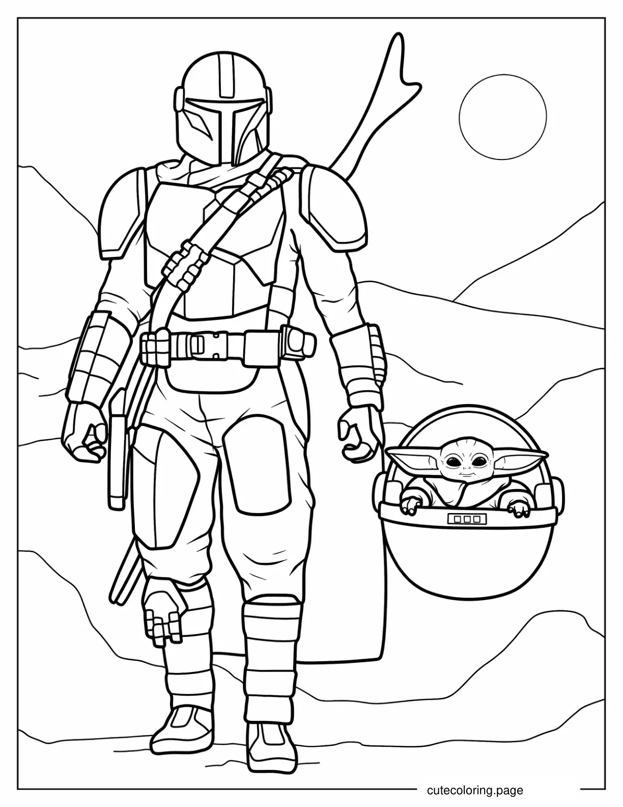 Mandalorian Walking With Baby Yoda coloring page