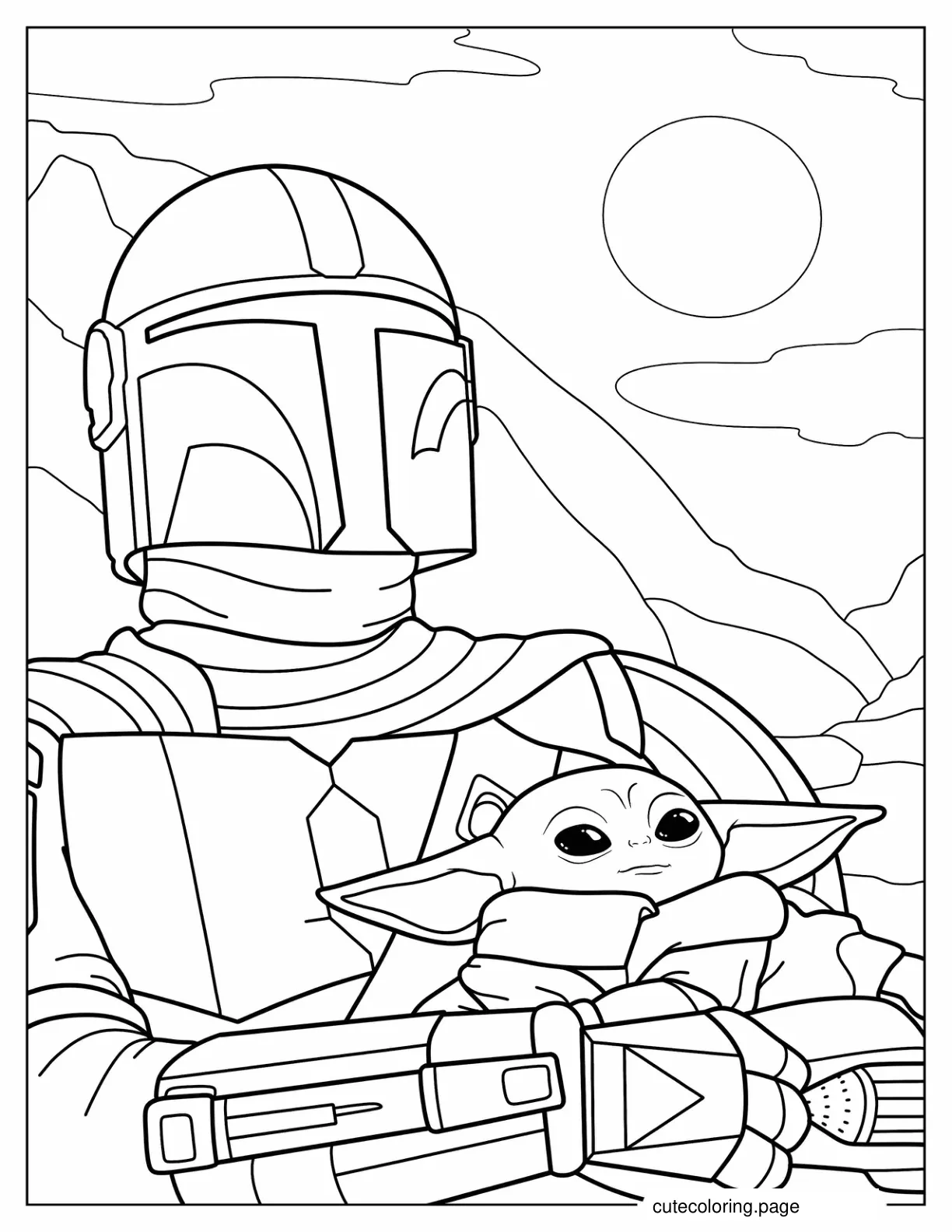 The Mandalorian Holding Baby Yoda To Color coloring page