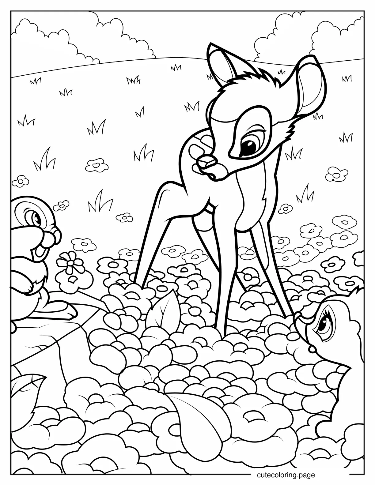 Bambi Talking To Thumper Sisters In Flower Field coloring page