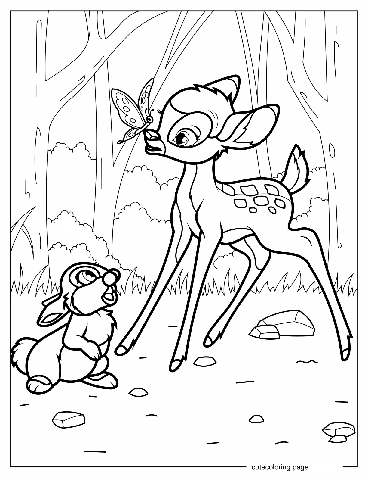 Coloring Page Of Bambi With Butterfly On Nose coloring page