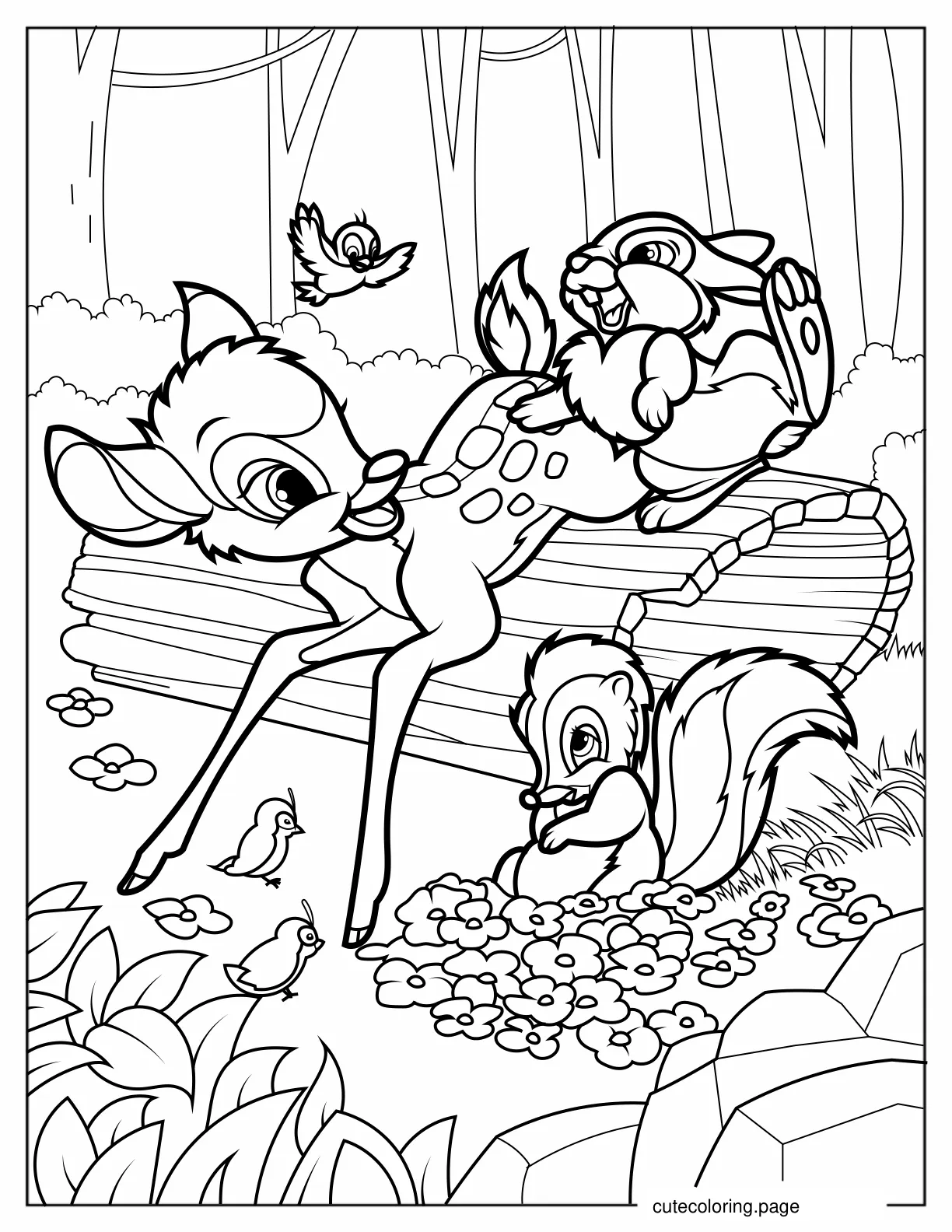 Detailed Coloring Sheet Of Bambi With Flower And Violet coloring page