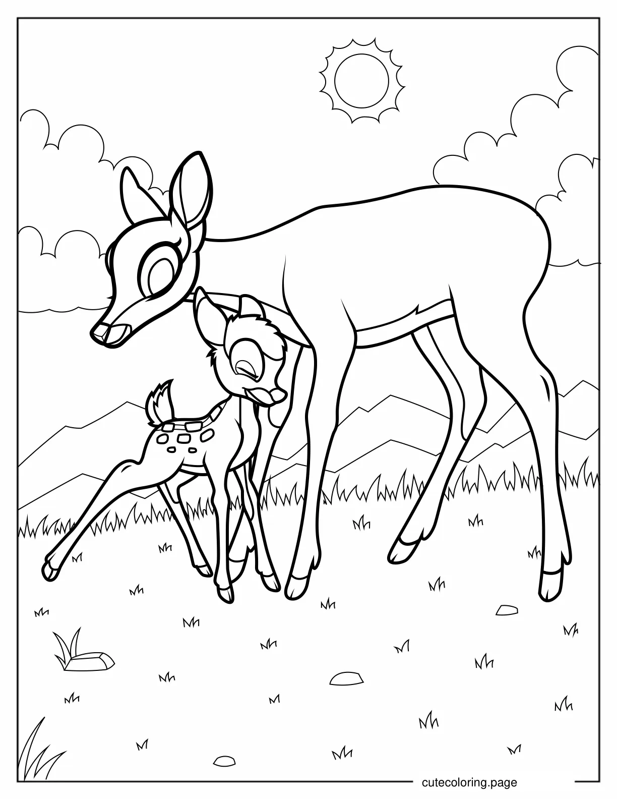 Simple Coloring Sheet Of Bambi And Mother Under The Sun coloring page