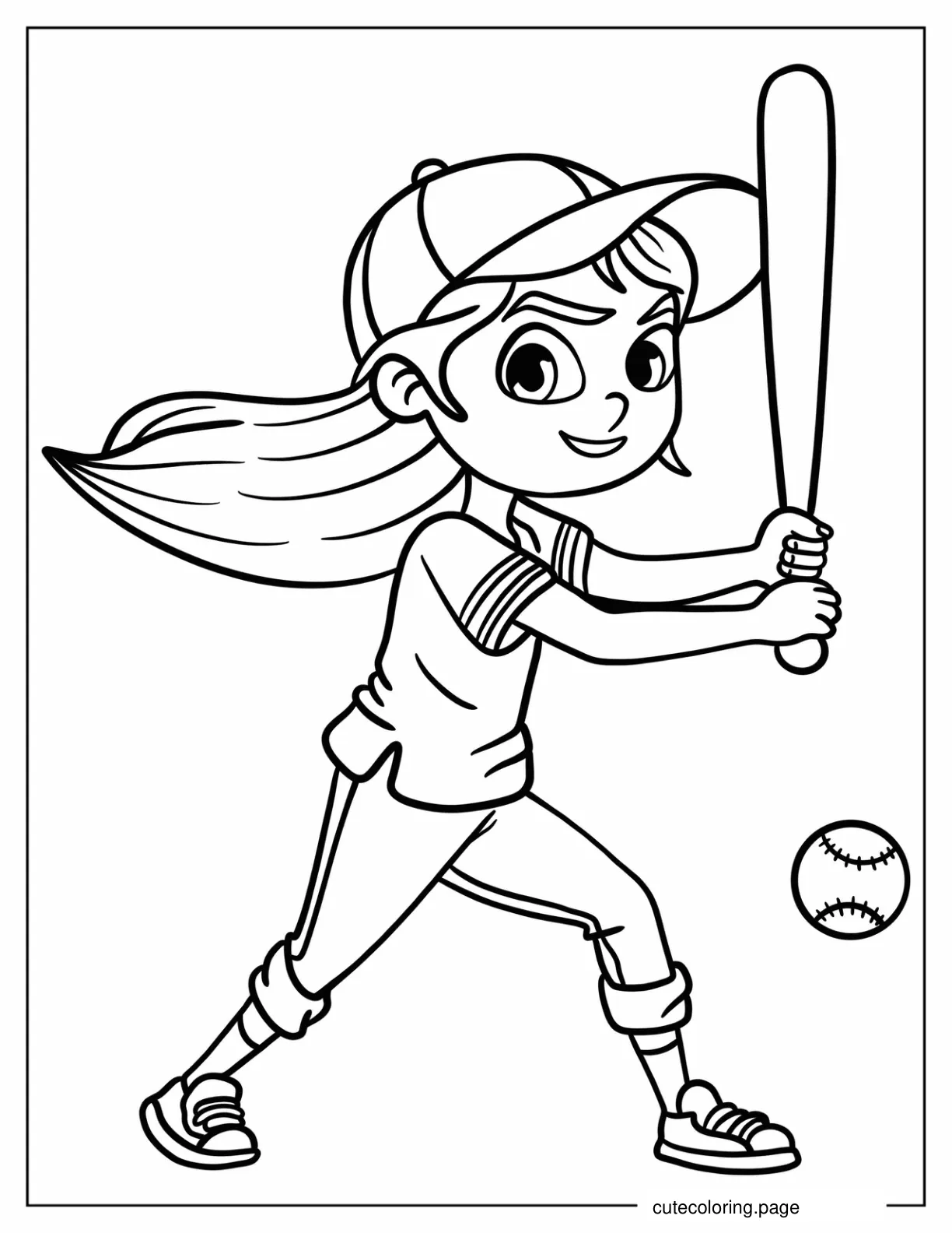 Girl With Long Hair Swinging Baseball Bat For Preschoolers coloring page