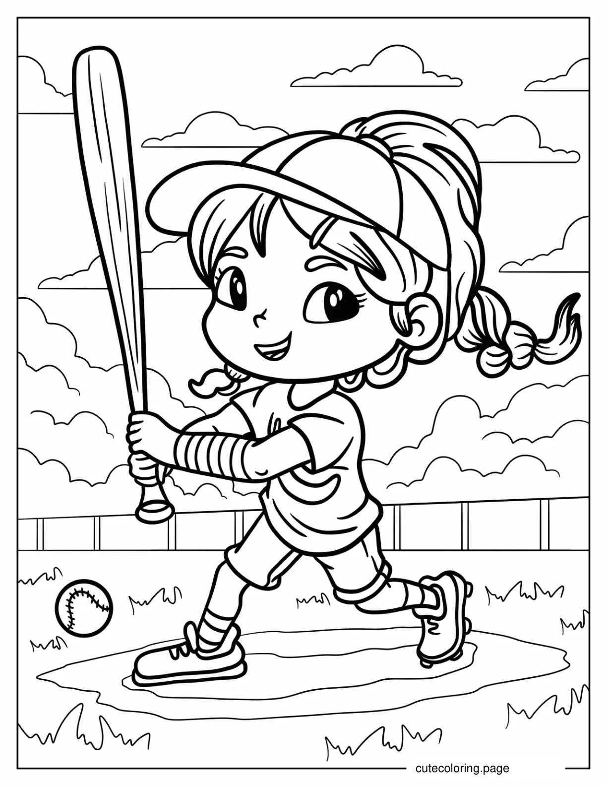 Kawaii Girl Baseball Player Holding A Bat Coloring Page coloring page