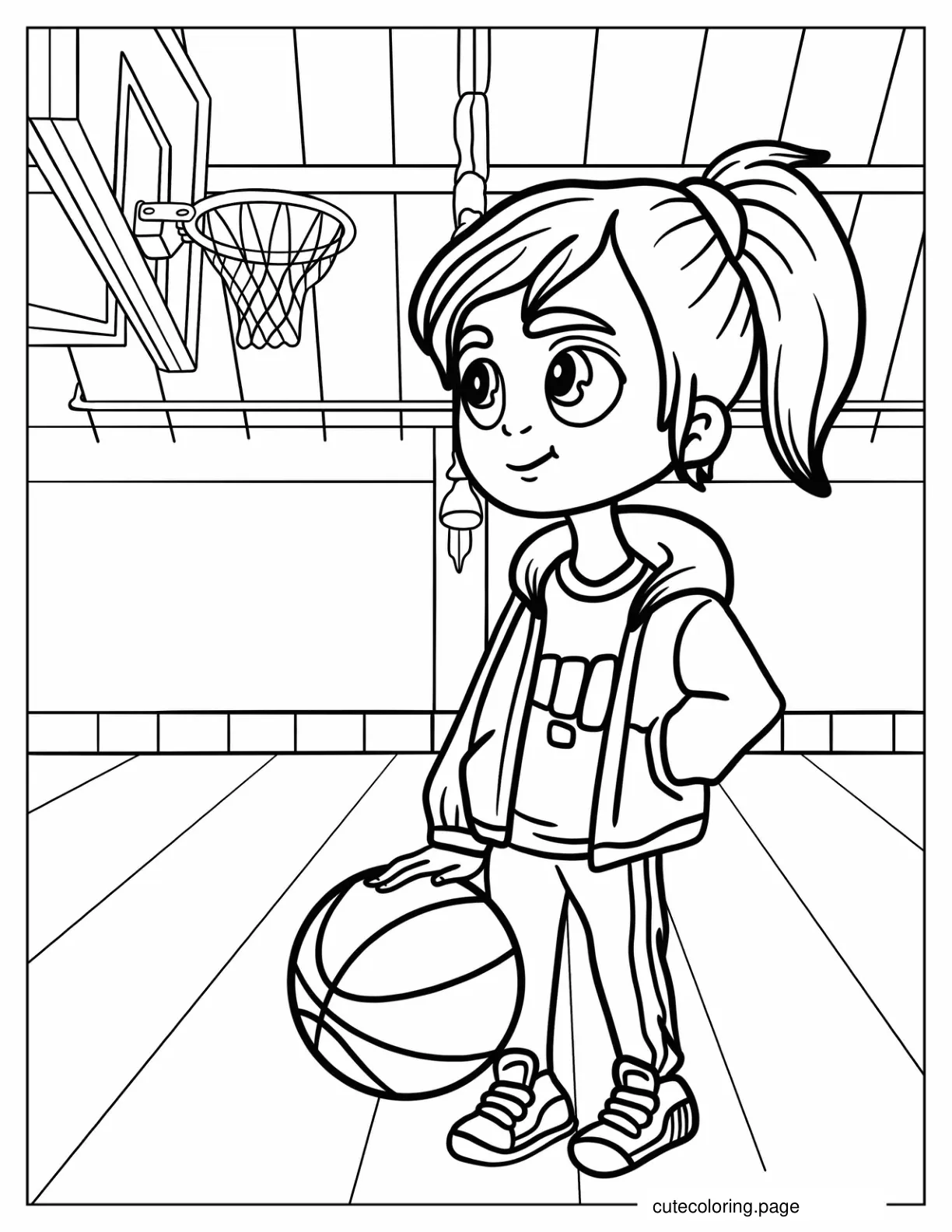 Girl Dribbling Basketball In The Court Coloring Page For Kids coloring page