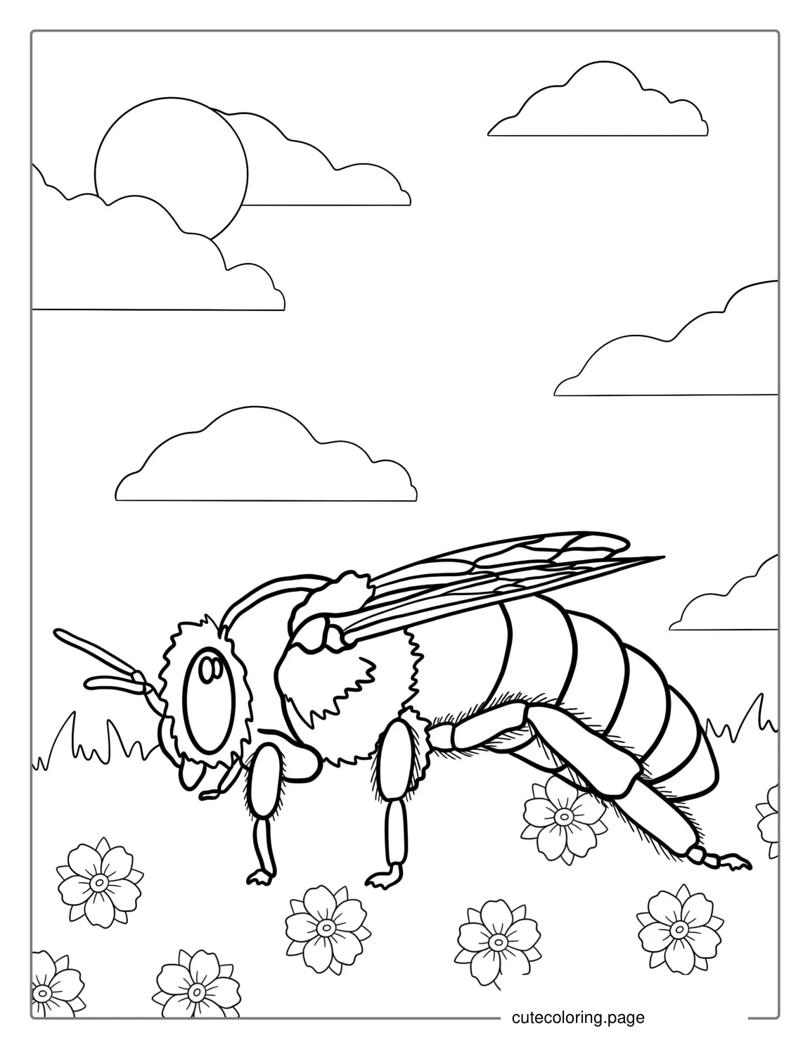 Detailed Bee Sitting On Grass Coloring Sheet coloring page