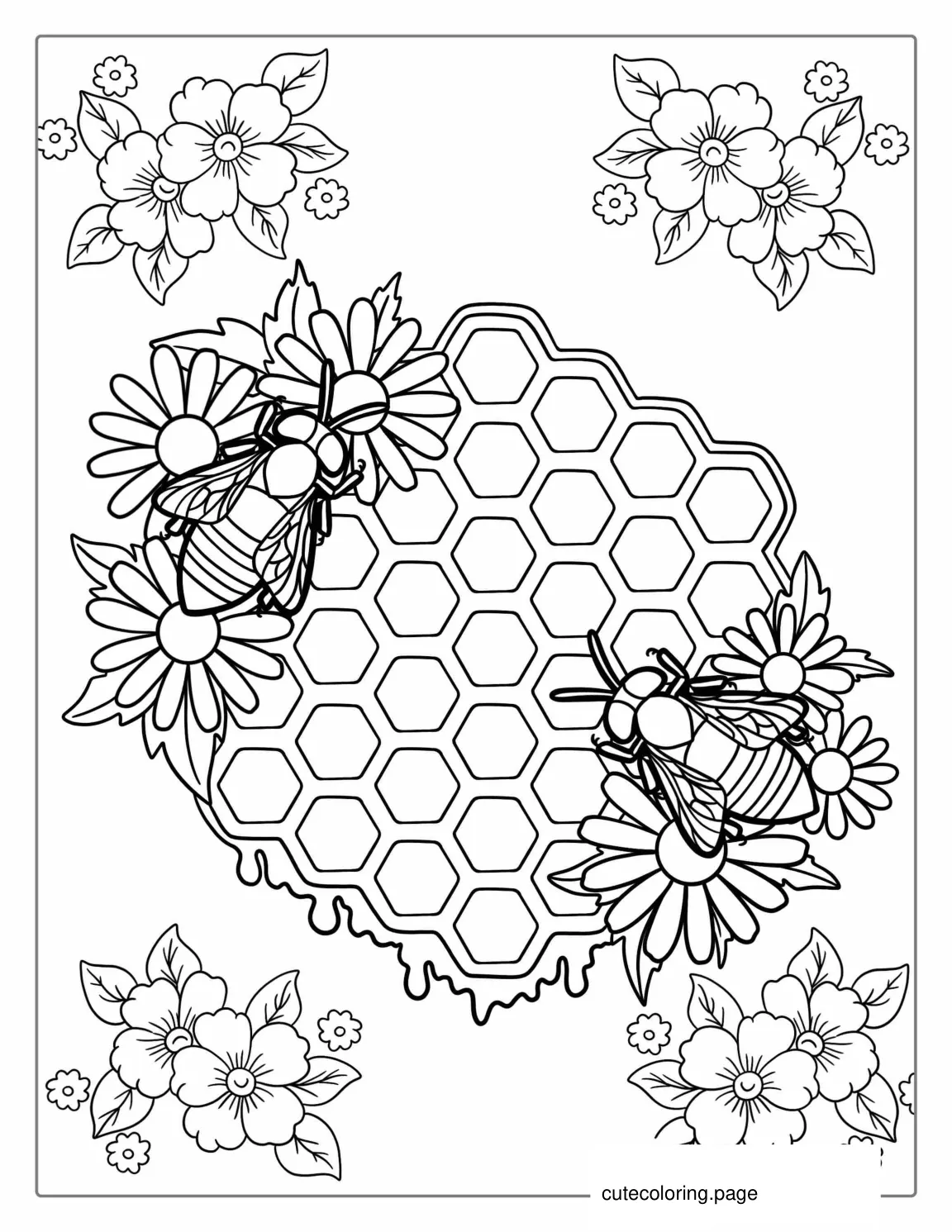 Detailed Bees With Honey Comb To Color For Adults coloring page