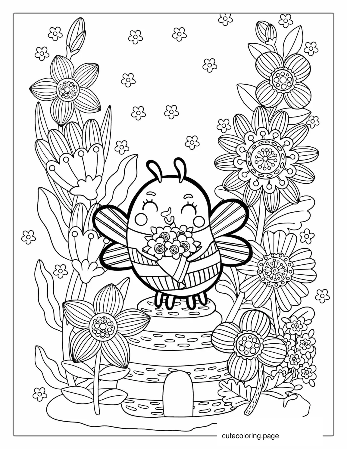 Kawaii Style Bee Holding Flowers Coloring Page coloring page