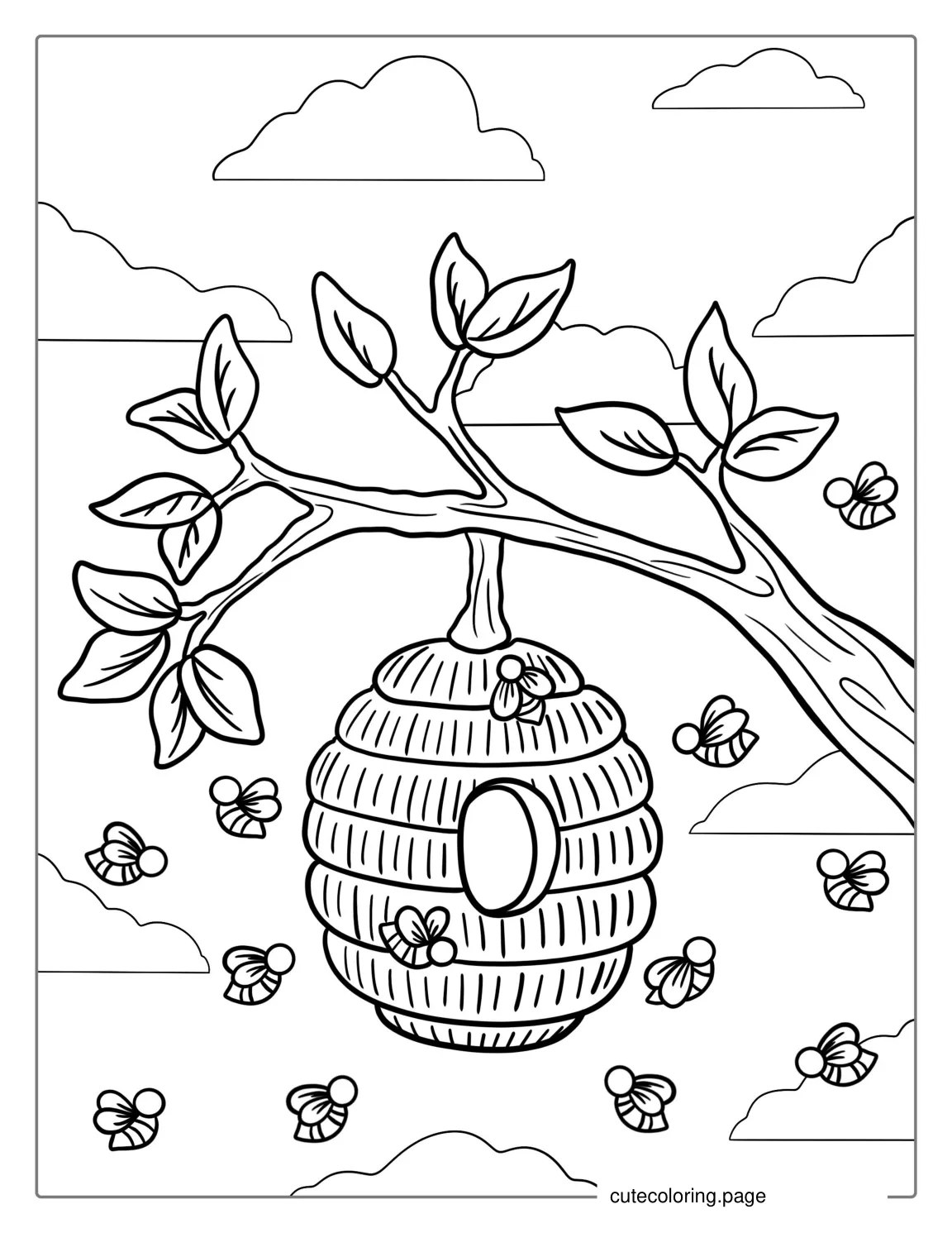 Simple Beehive On Branch Coloring Page For Kids coloring page