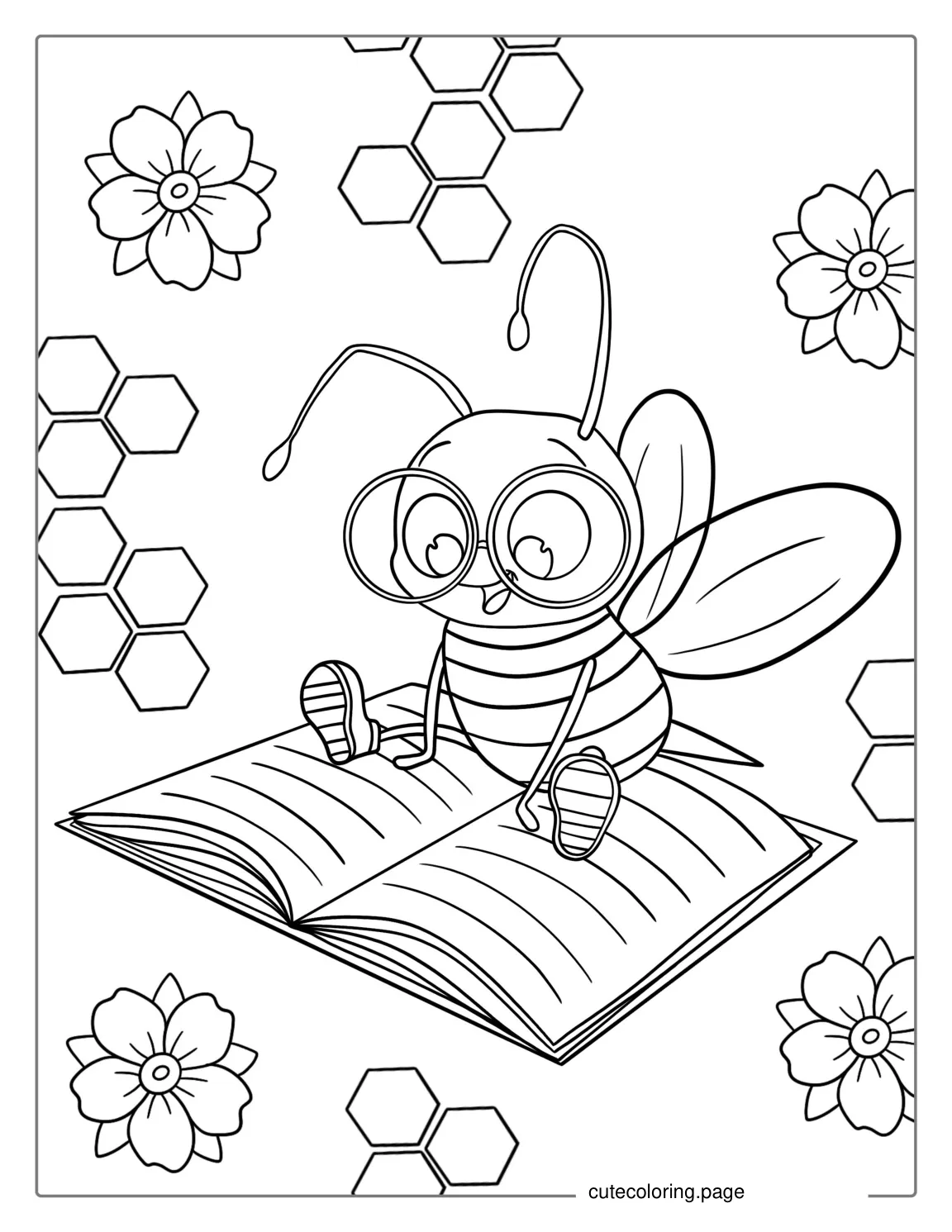 Simple Coloring Page Of a Bee Reading a Book coloring page