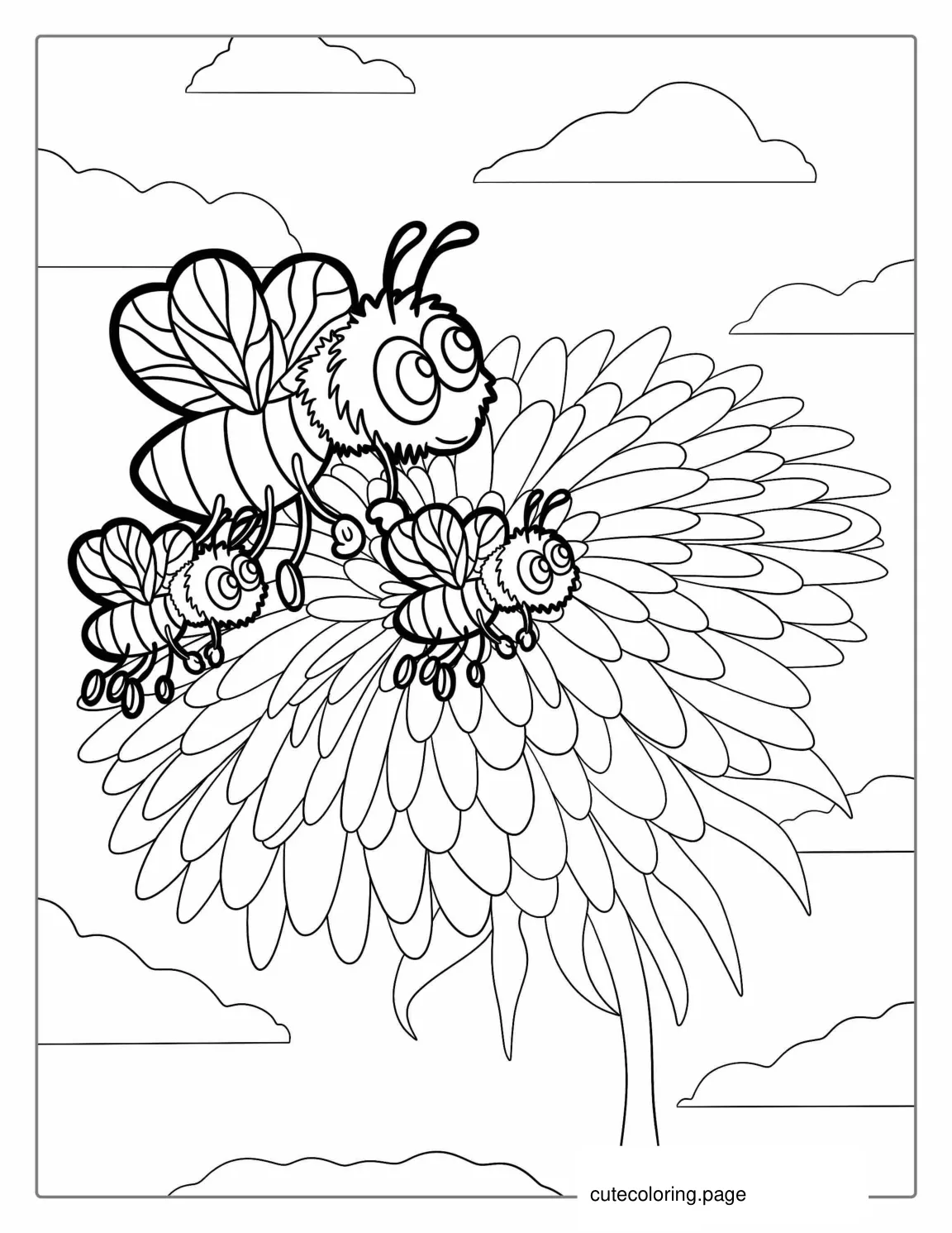 Three Cute Bees Flying Next To Flower coloring page