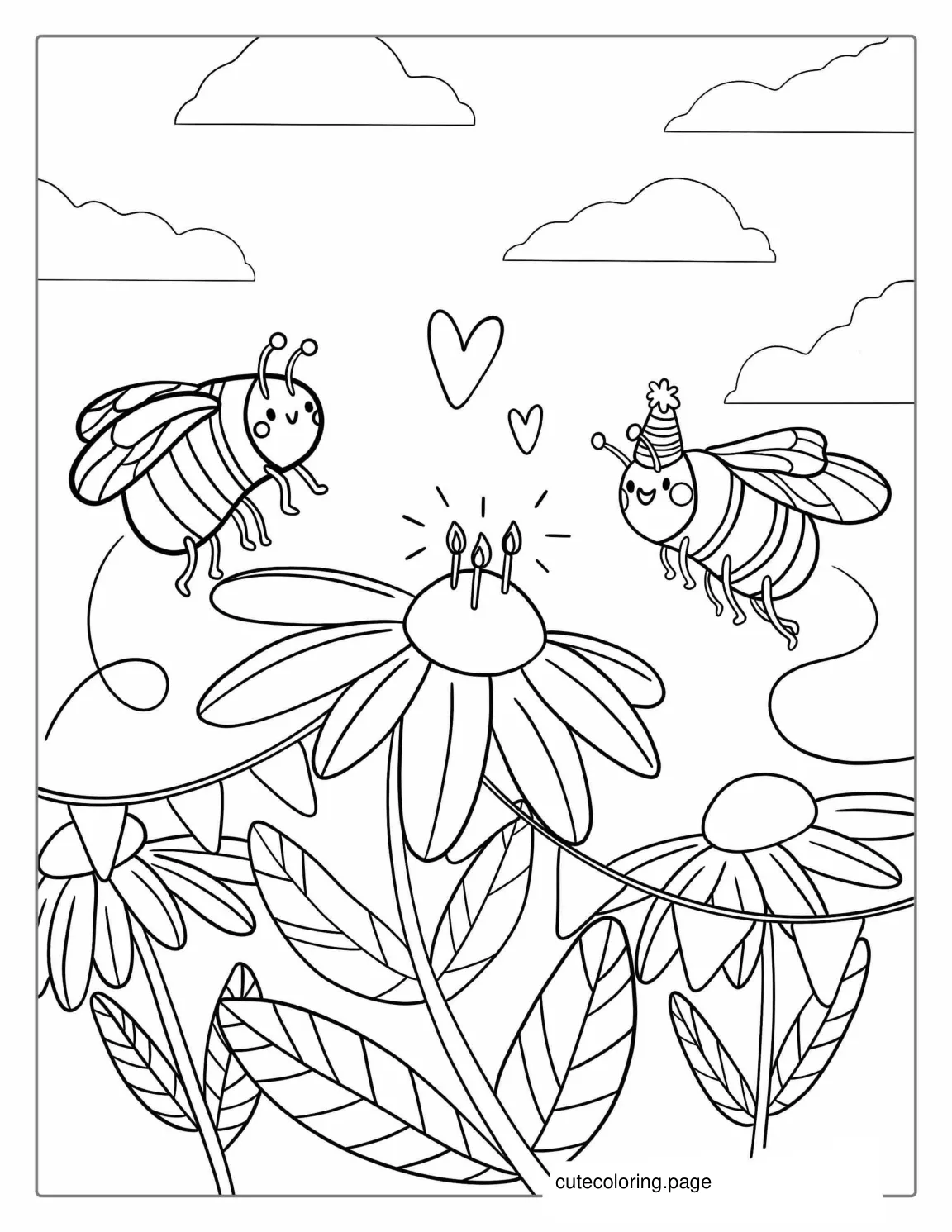 Two Bees Flying Over Daisy Flowers coloring page