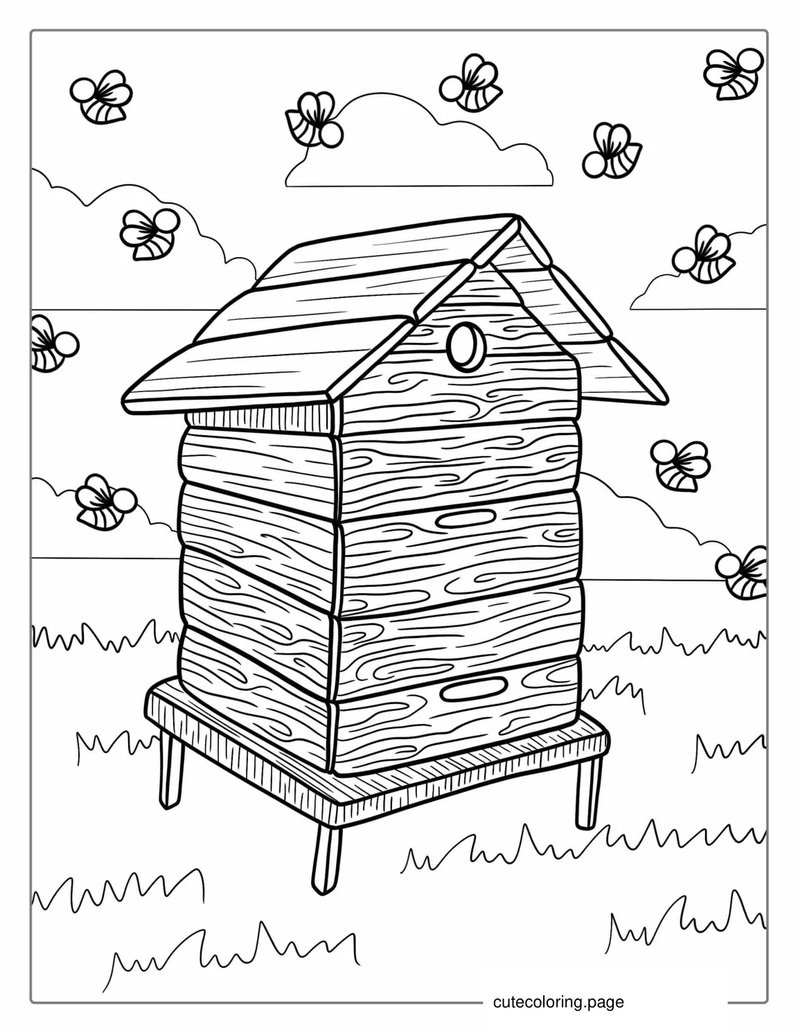 Wooden Beehive Surrounded By Bees To Color coloring page