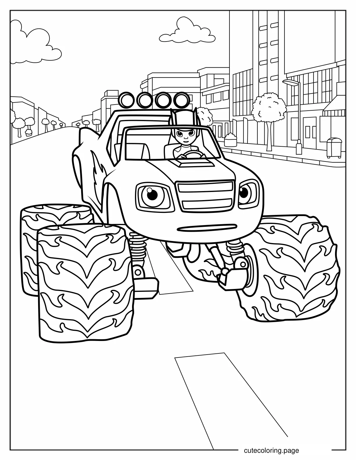 Coloring Page of AJ Driving Blaze in the City coloring page