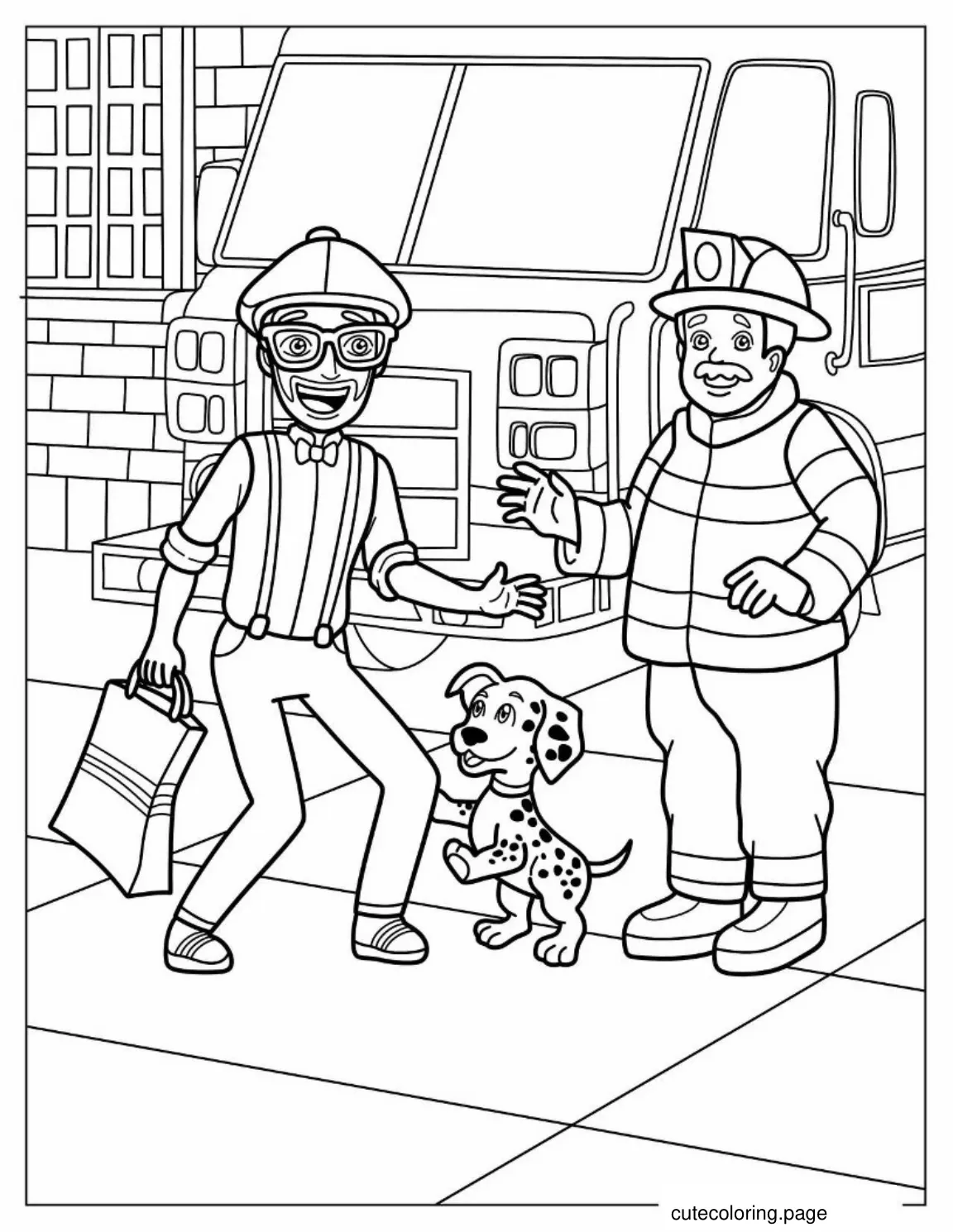 Blippi with Dog and Fireman coloring page