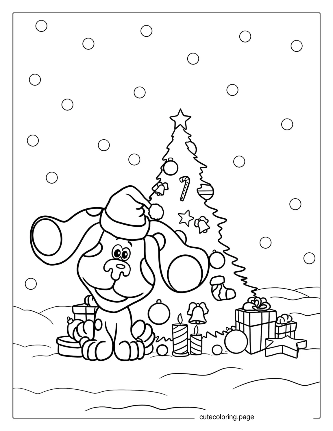 Christmas Blue Wearing Santa Hat Next To Tree To Color coloring page