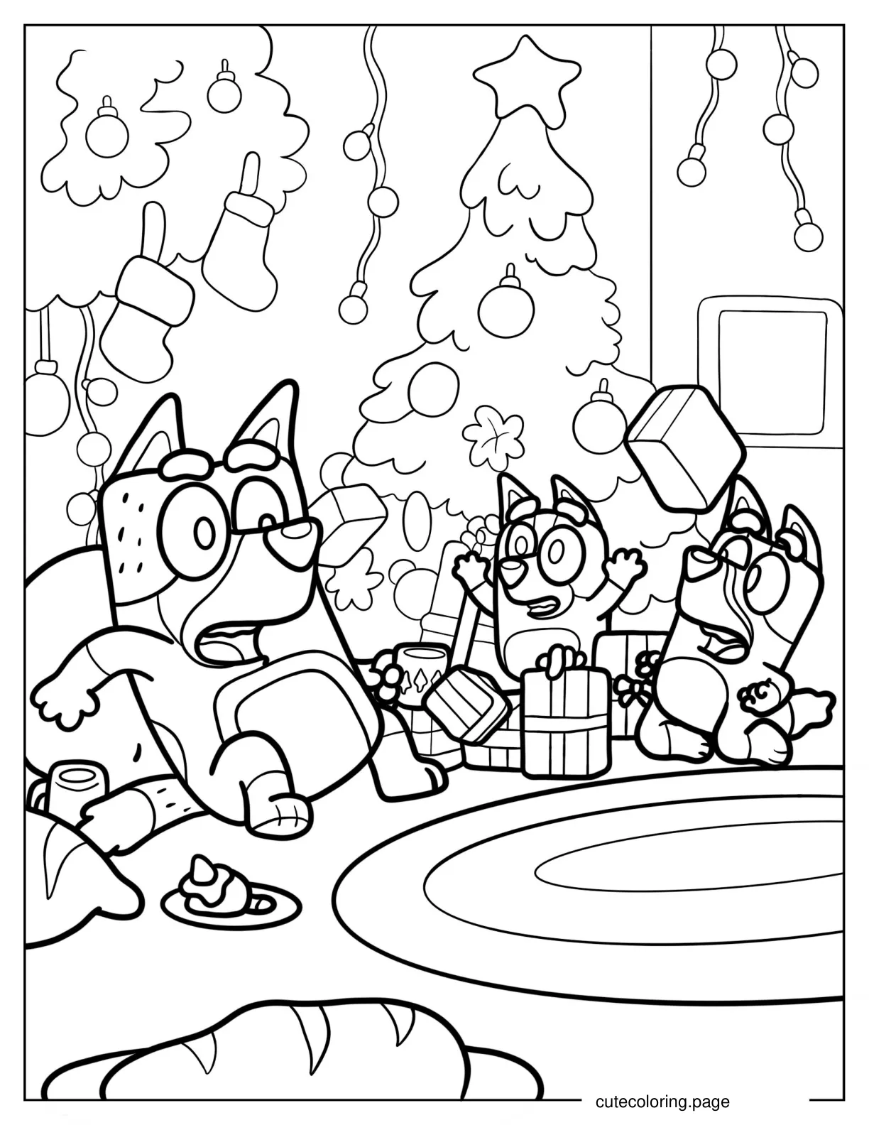 Bandit Chilli And Bluey Opening Christmas Presents Coloring Page coloring page