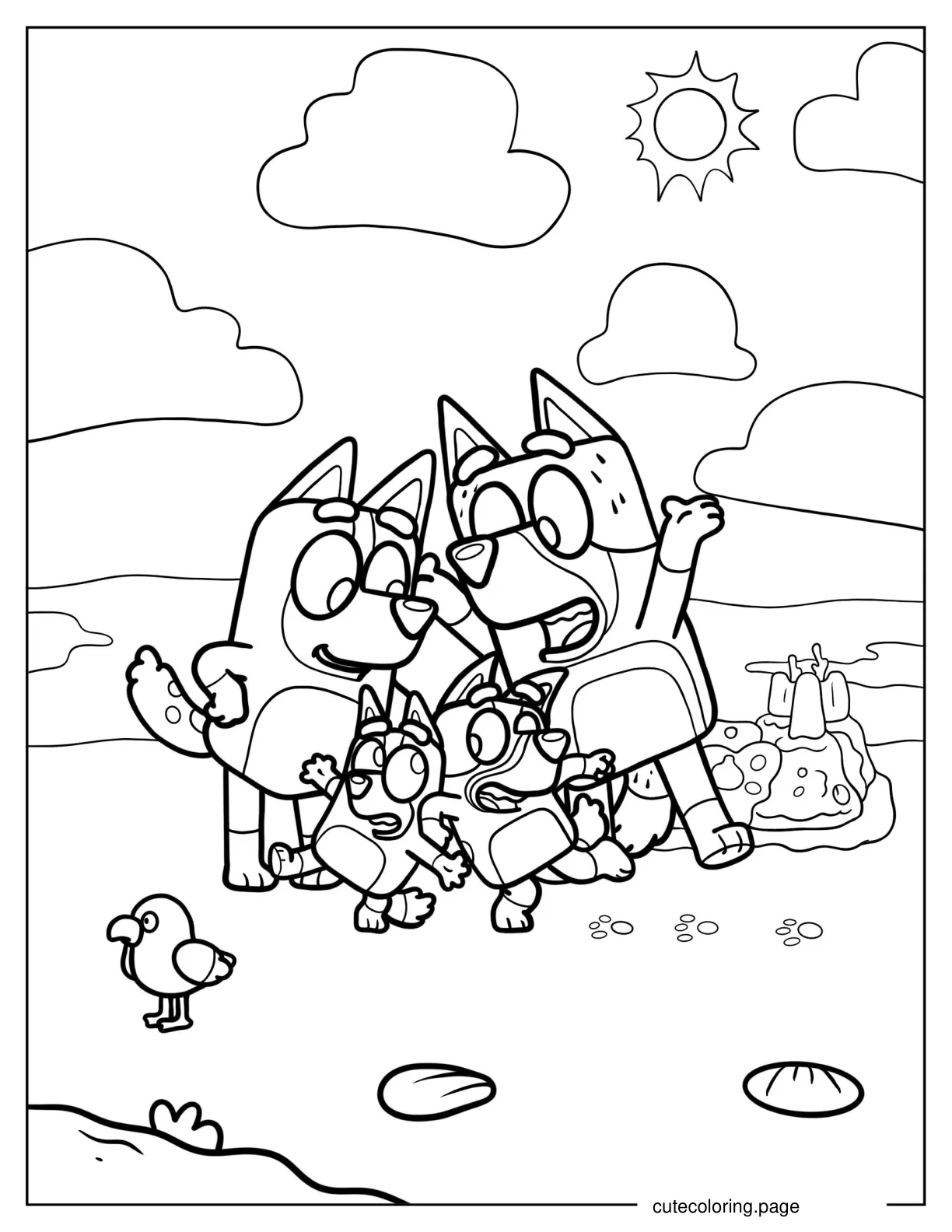 Bandit Chilli Bluey And Bingo Dancing In Beach coloring page