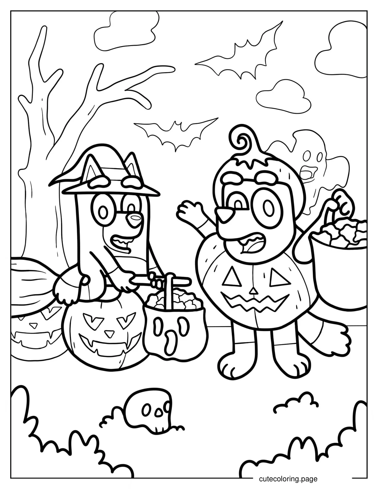 Bingo And Bluey Trick Or Treating On Halloween Coloring Sheet coloring page