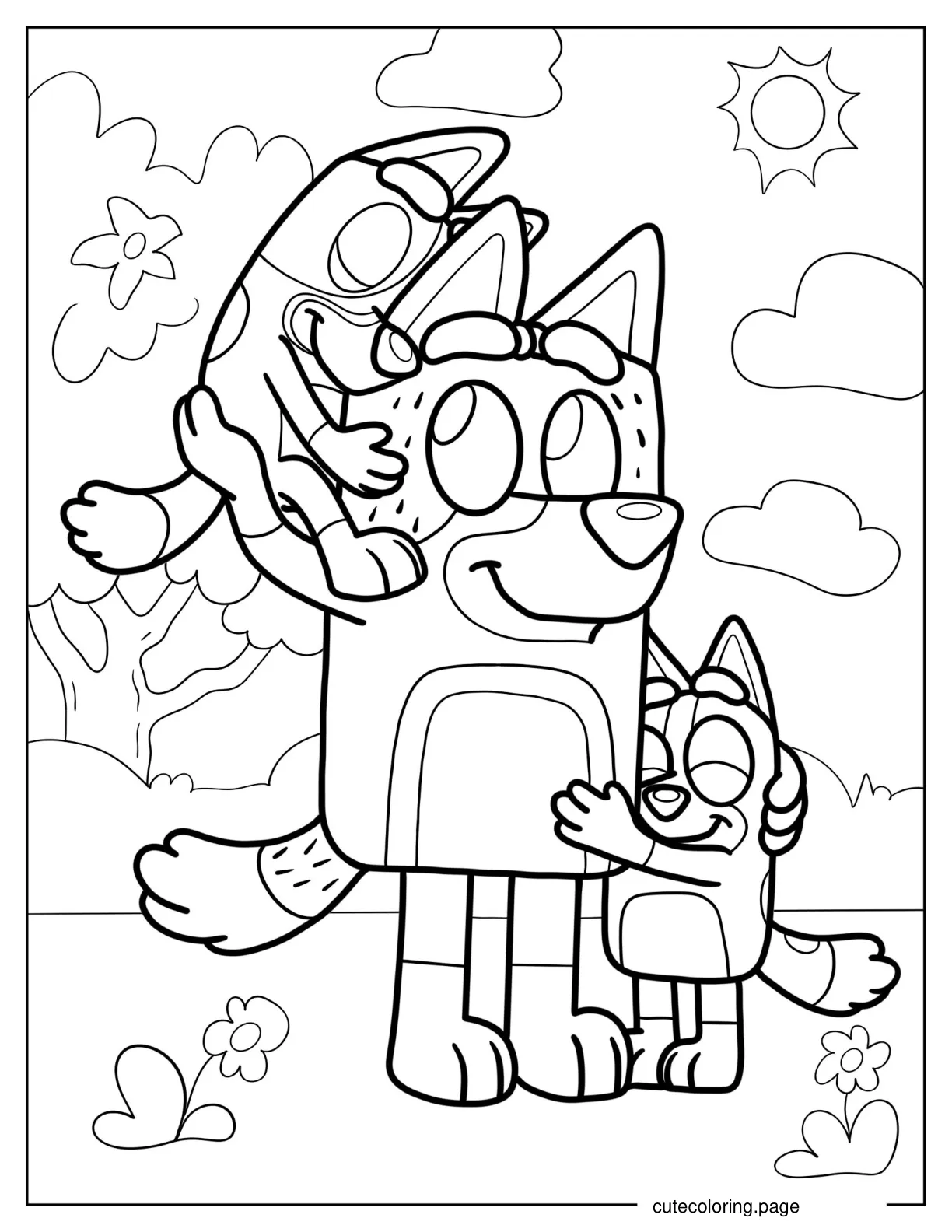 Bluey And Bingo Embracing Bandit Coloring Sheet coloring page