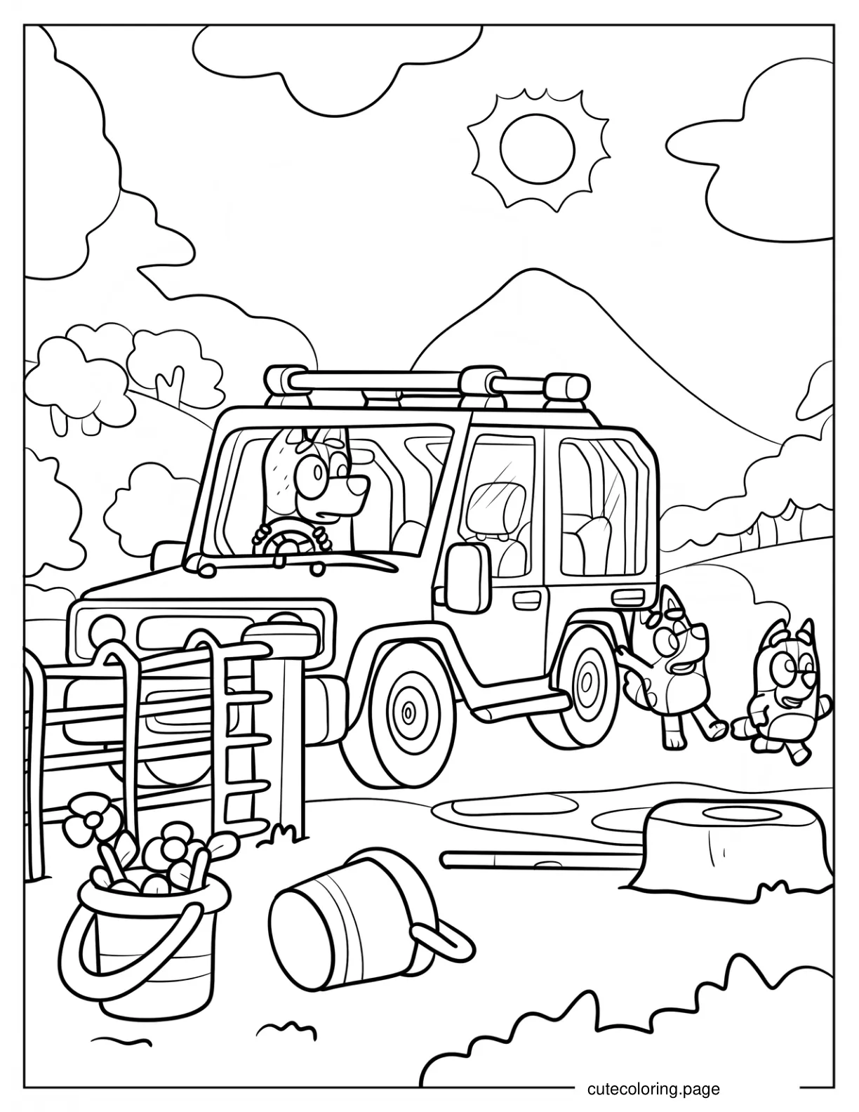 Bluey And Bingo Running From Bobo Coloring Sheet coloring page