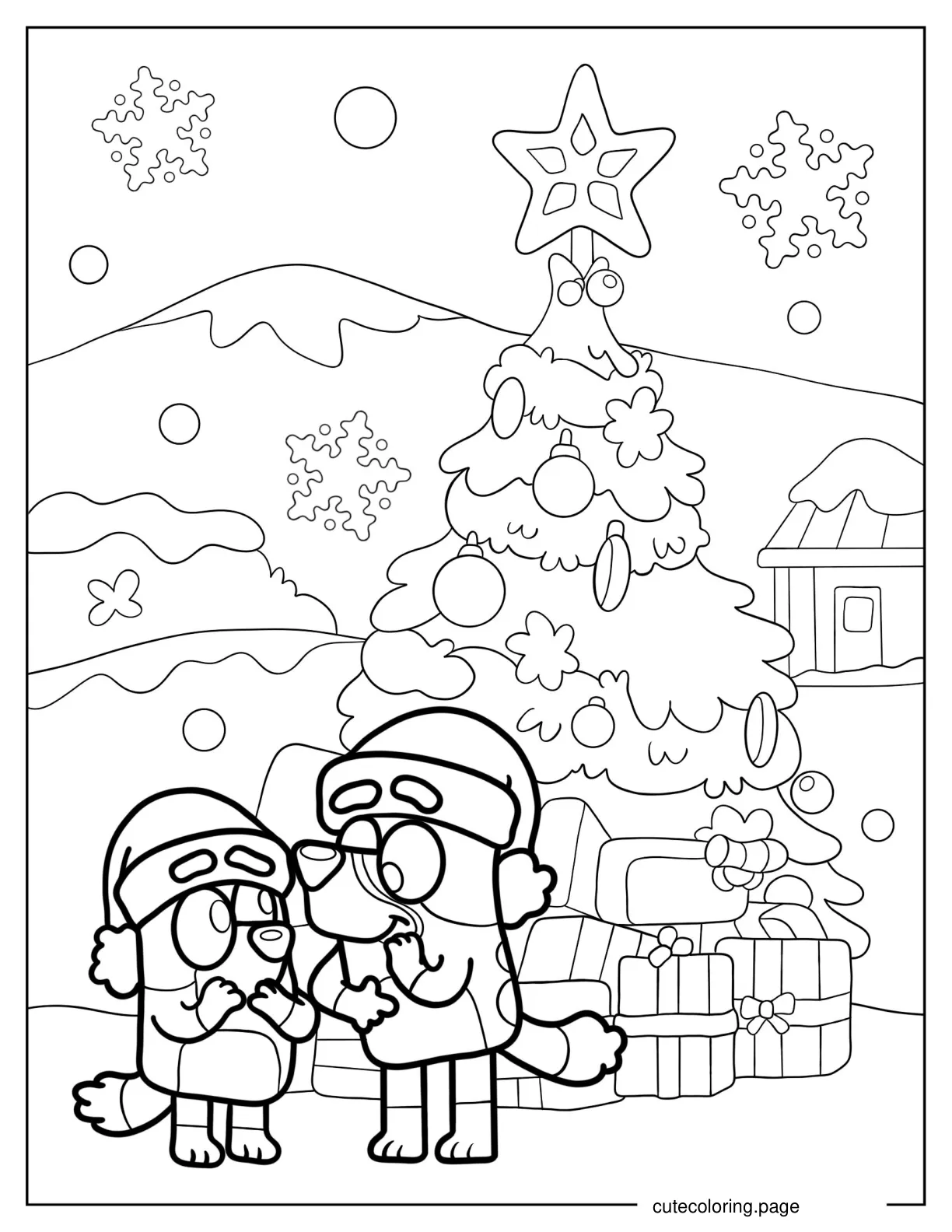 Bluey And Bingo Wearing Santa Hats In Front Of Christmas Tree coloring page