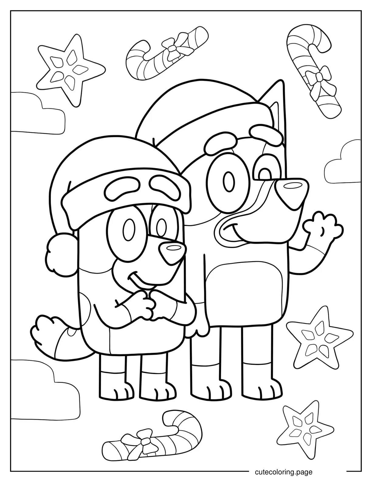 Bluey And Bingo Wearing Santa Hats On Christmas Day coloring page